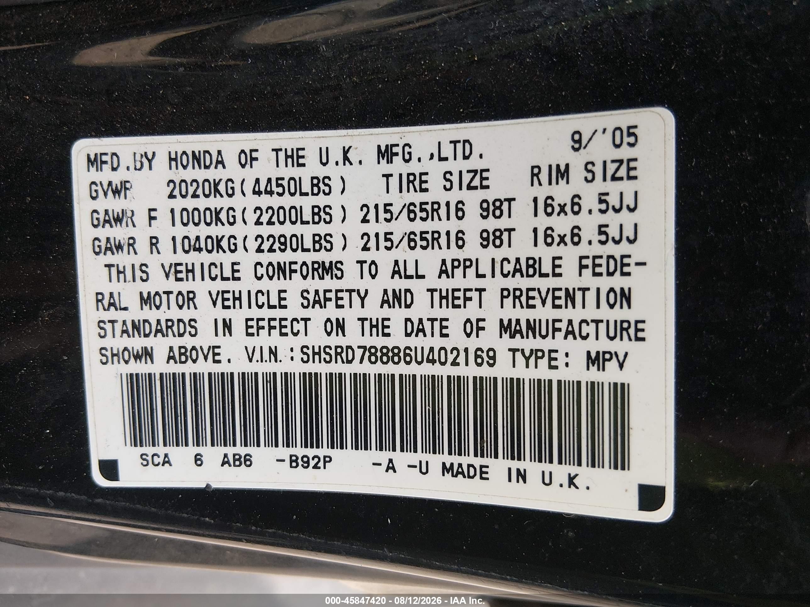 2006 Honda Cr-v Ex Black vin: SHSRD78886U402169