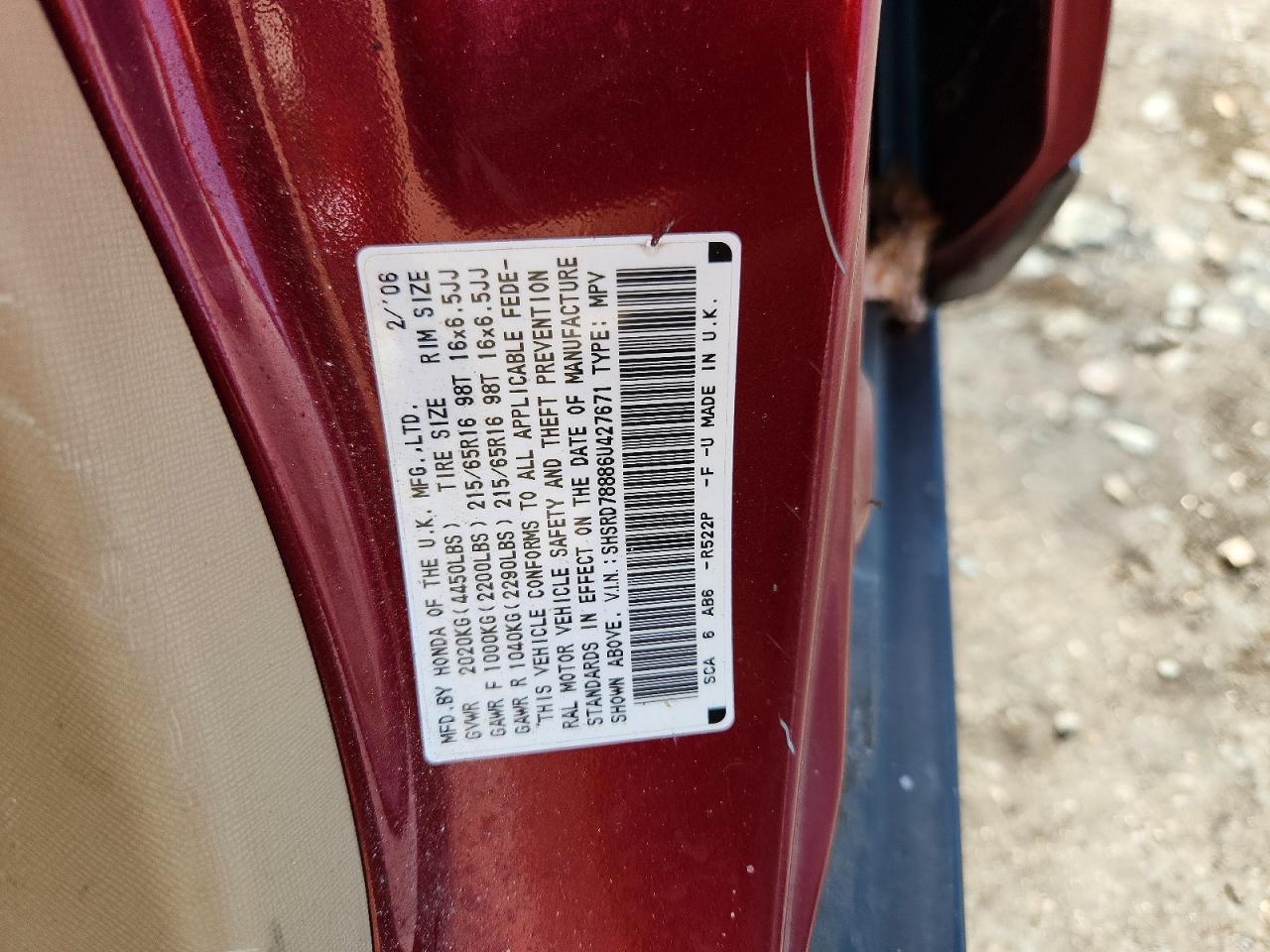 2006 Honda Cr-v Ex Red vin: SHSRD78886U427671