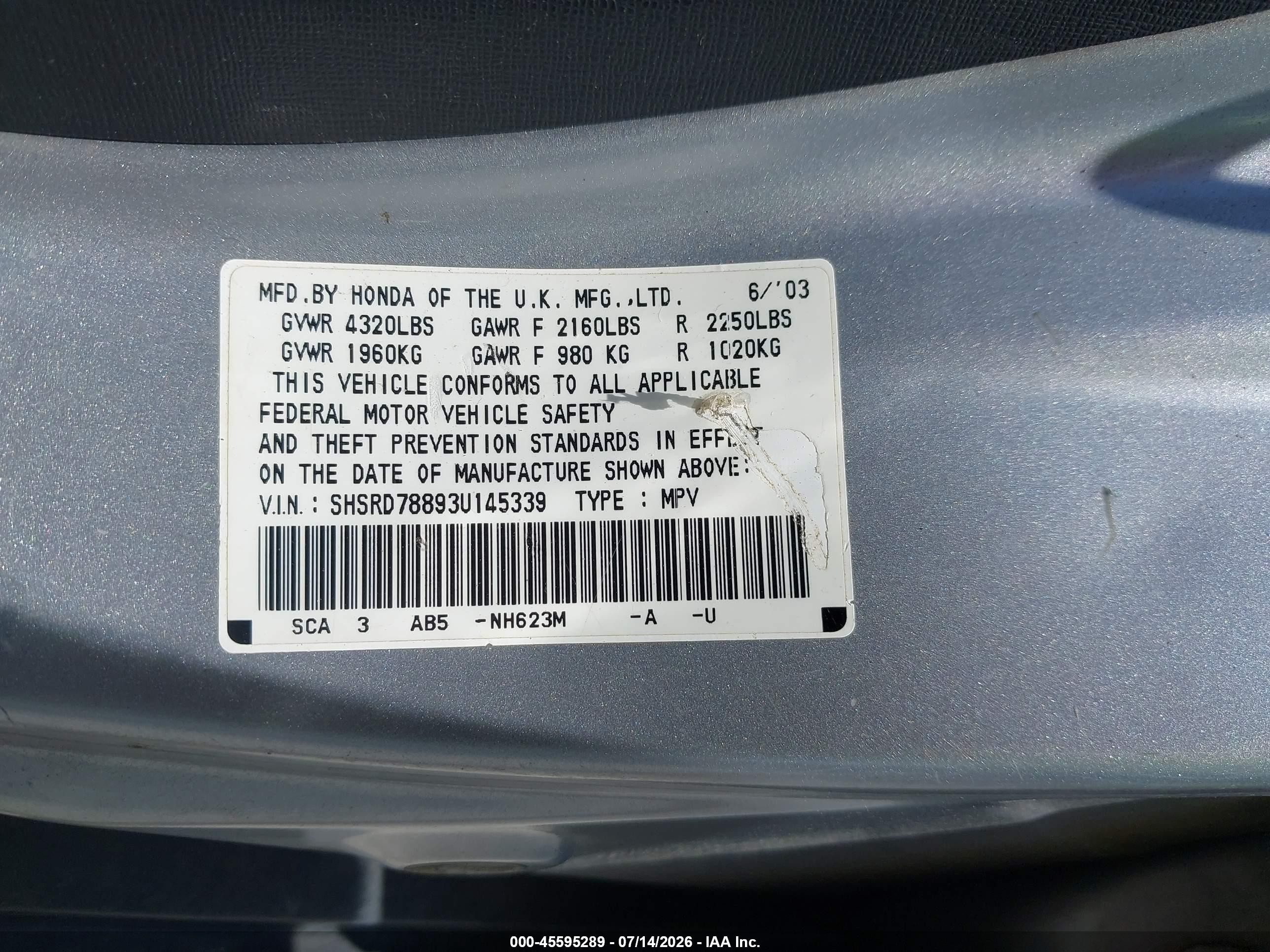 2003 Honda Cr-v Ex Silver vin: SHSRD78893U145339