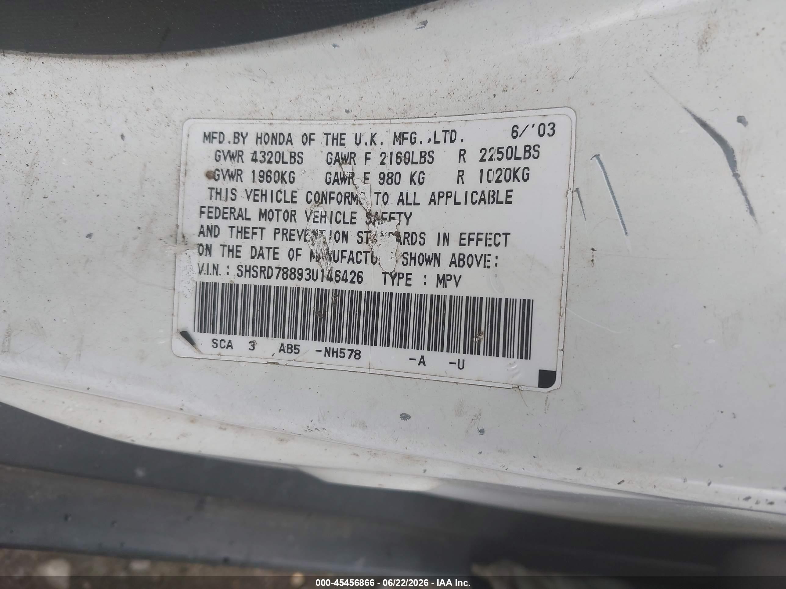 2003 Honda Cr-v Ex White vin: SHSRD78893U146426
