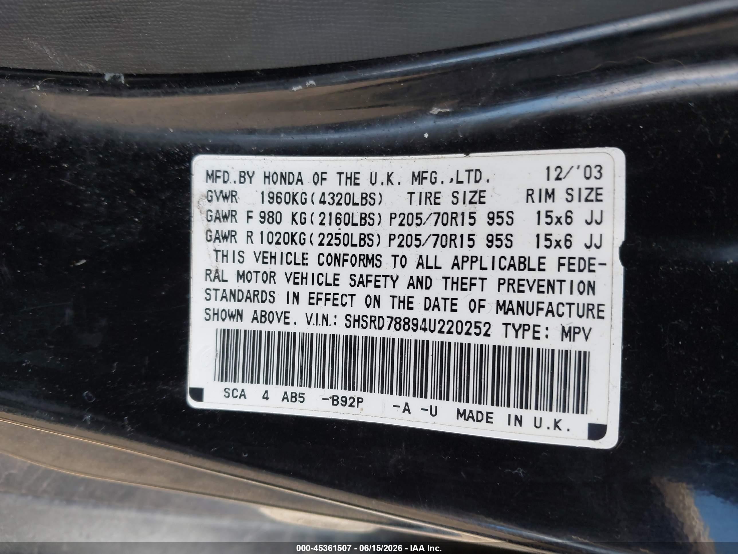 2004 Honda Cr-v Ex Black vin: SHSRD78894U220252