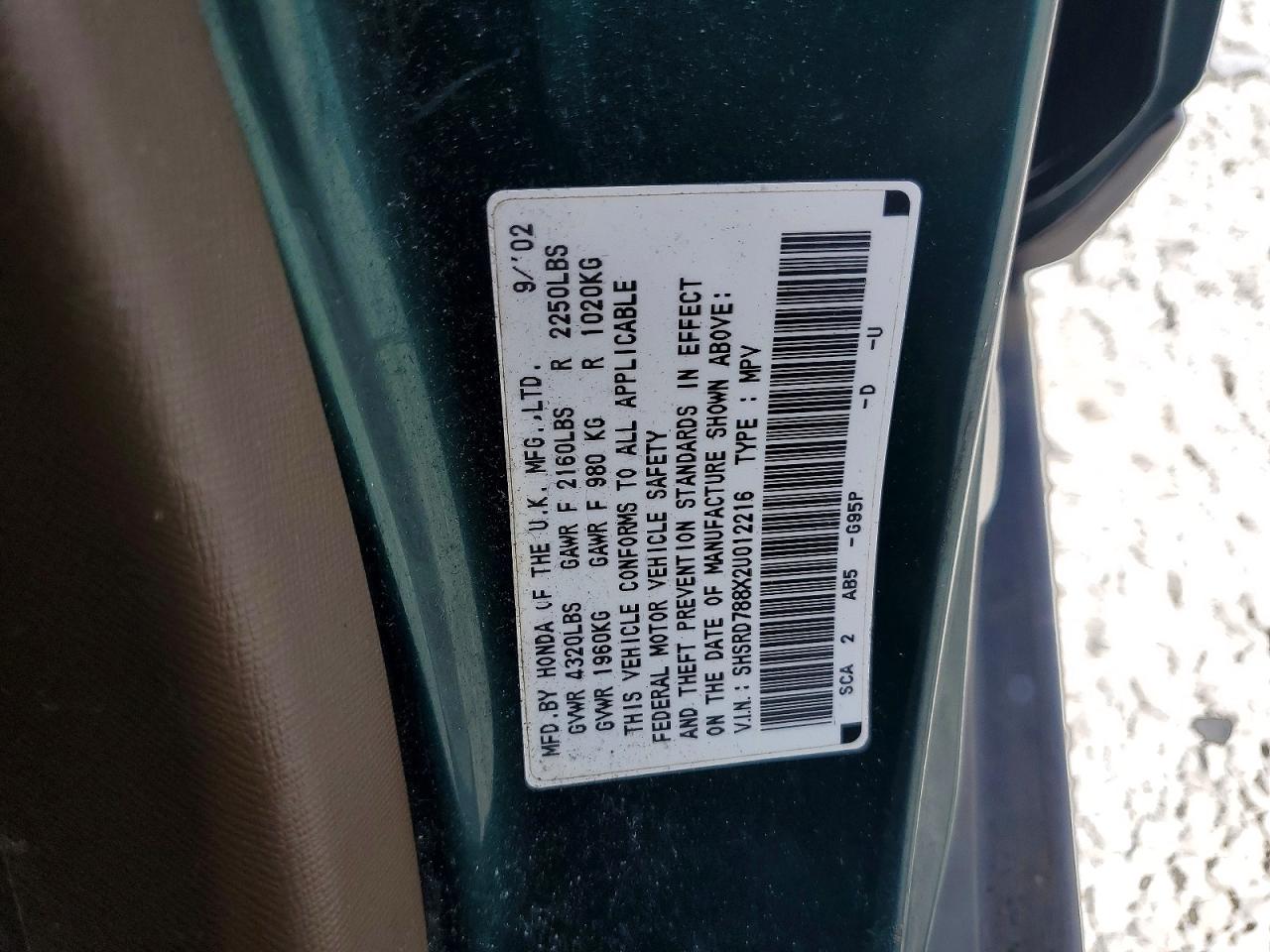 2002 Honda Cr-v Ex Green vin: SHSRD788X2U012216