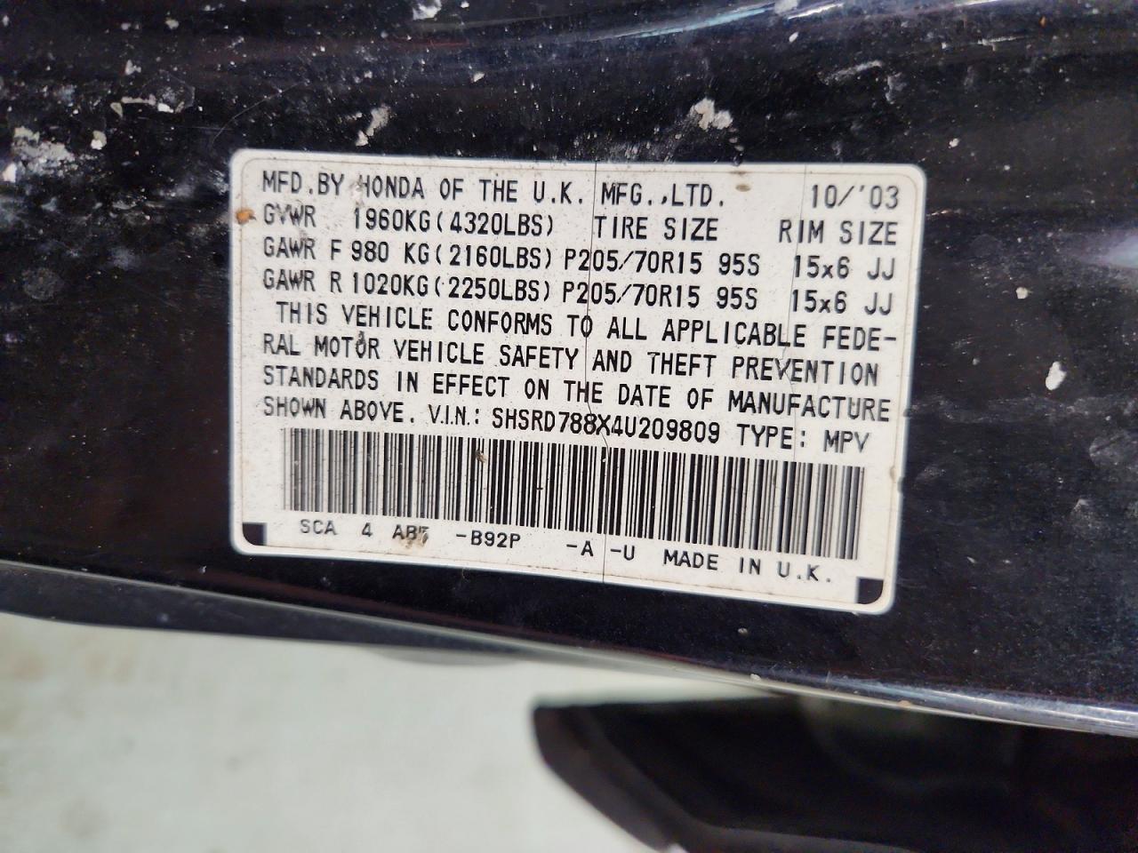 2004 Honda Cr-v Ex Black vin: SHSRD788X4U209809
