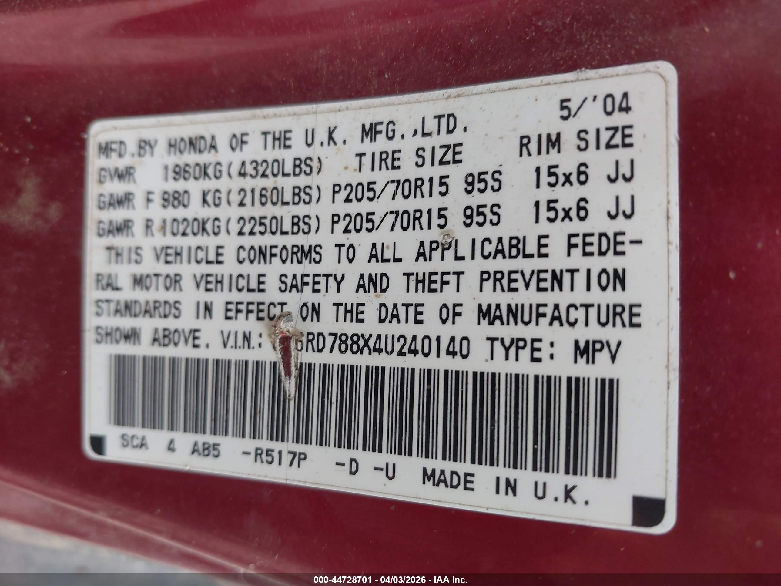 2004 Honda Cr-v Ex Red vin: SHSRD788X4U240140