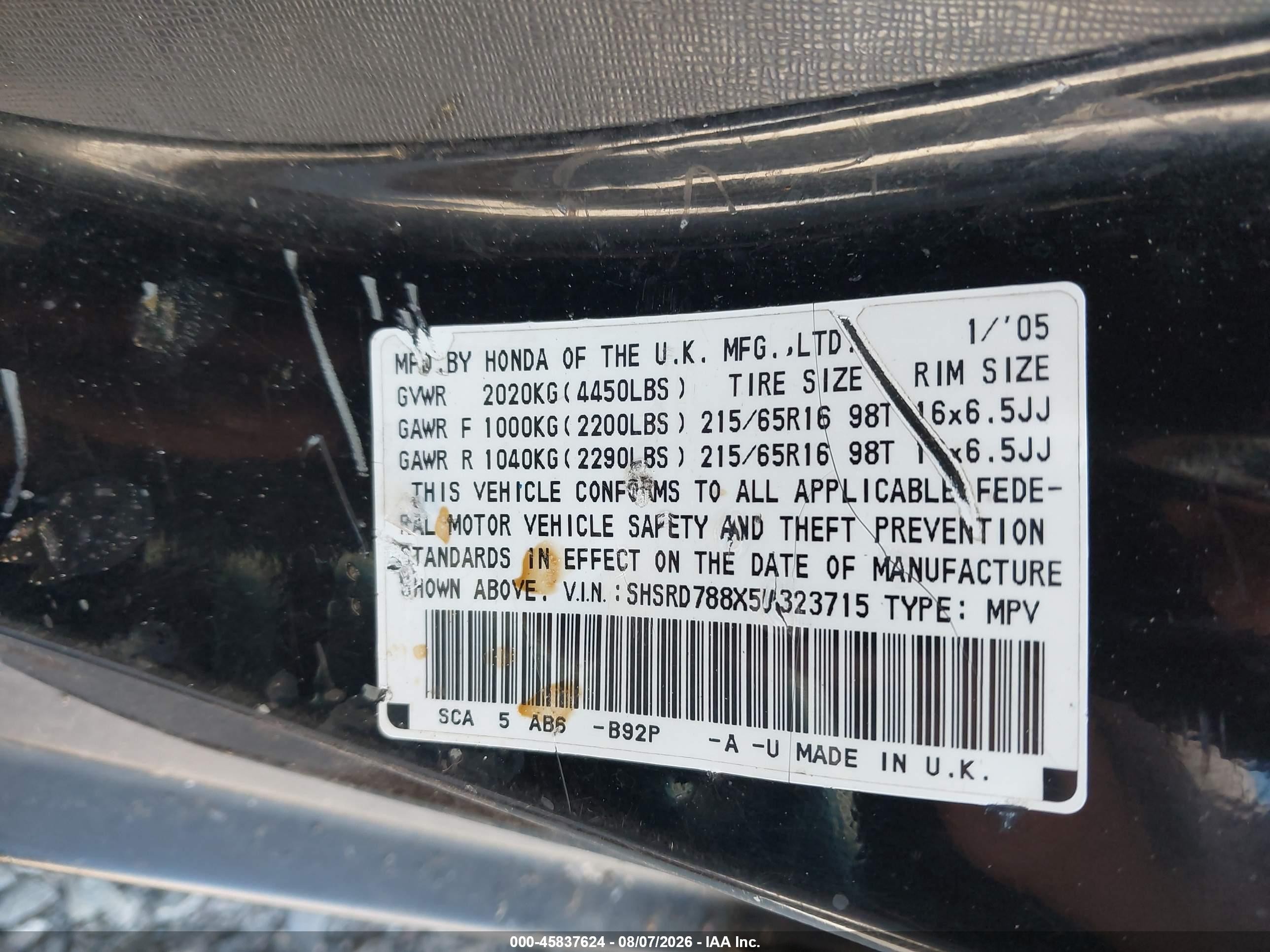 2005 Honda Cr-v Ex Black vin: SHSRD788X5U323715
