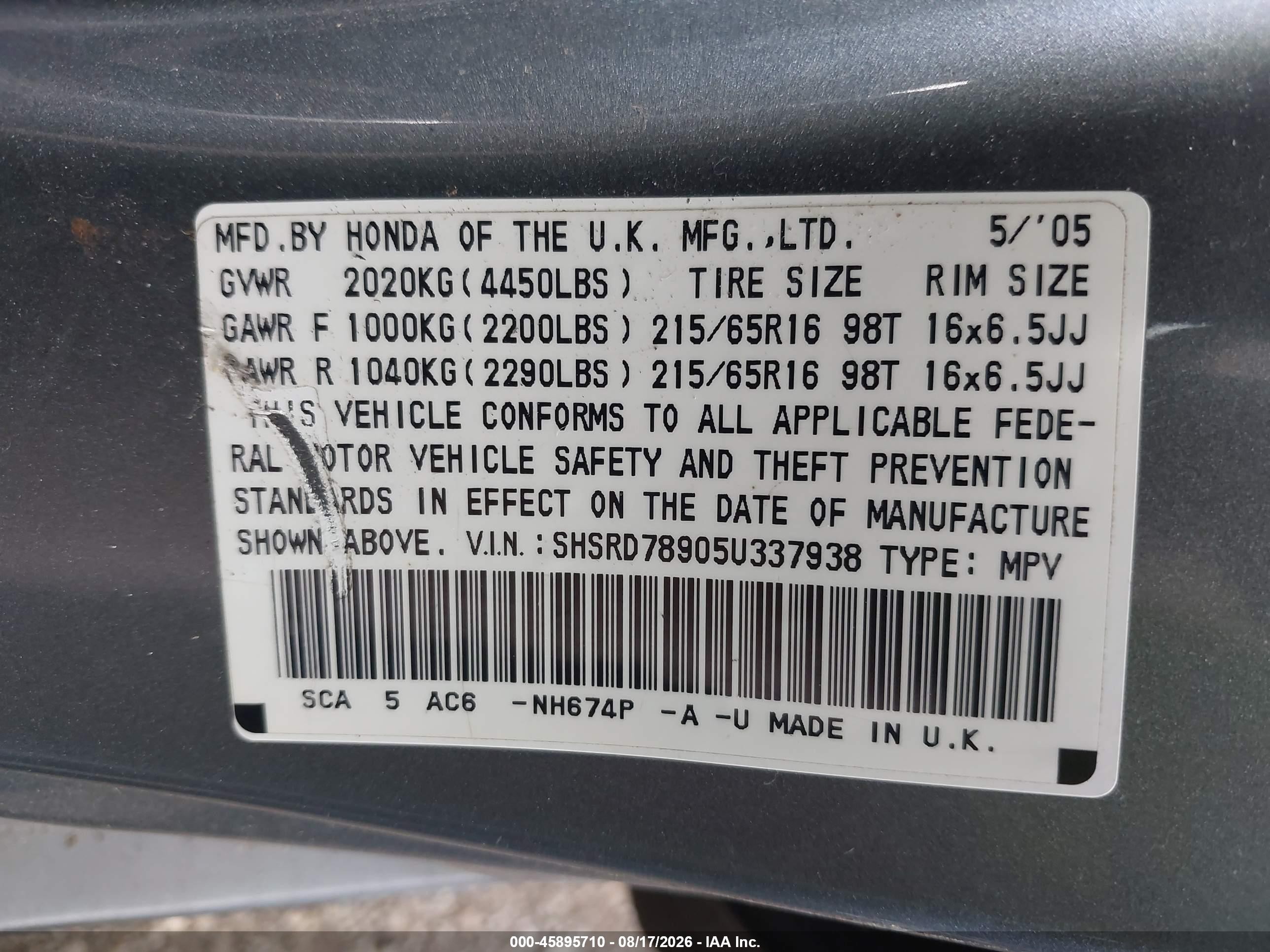 2005 Honda Cr-v Se Gray vin: SHSRD78905U337938
