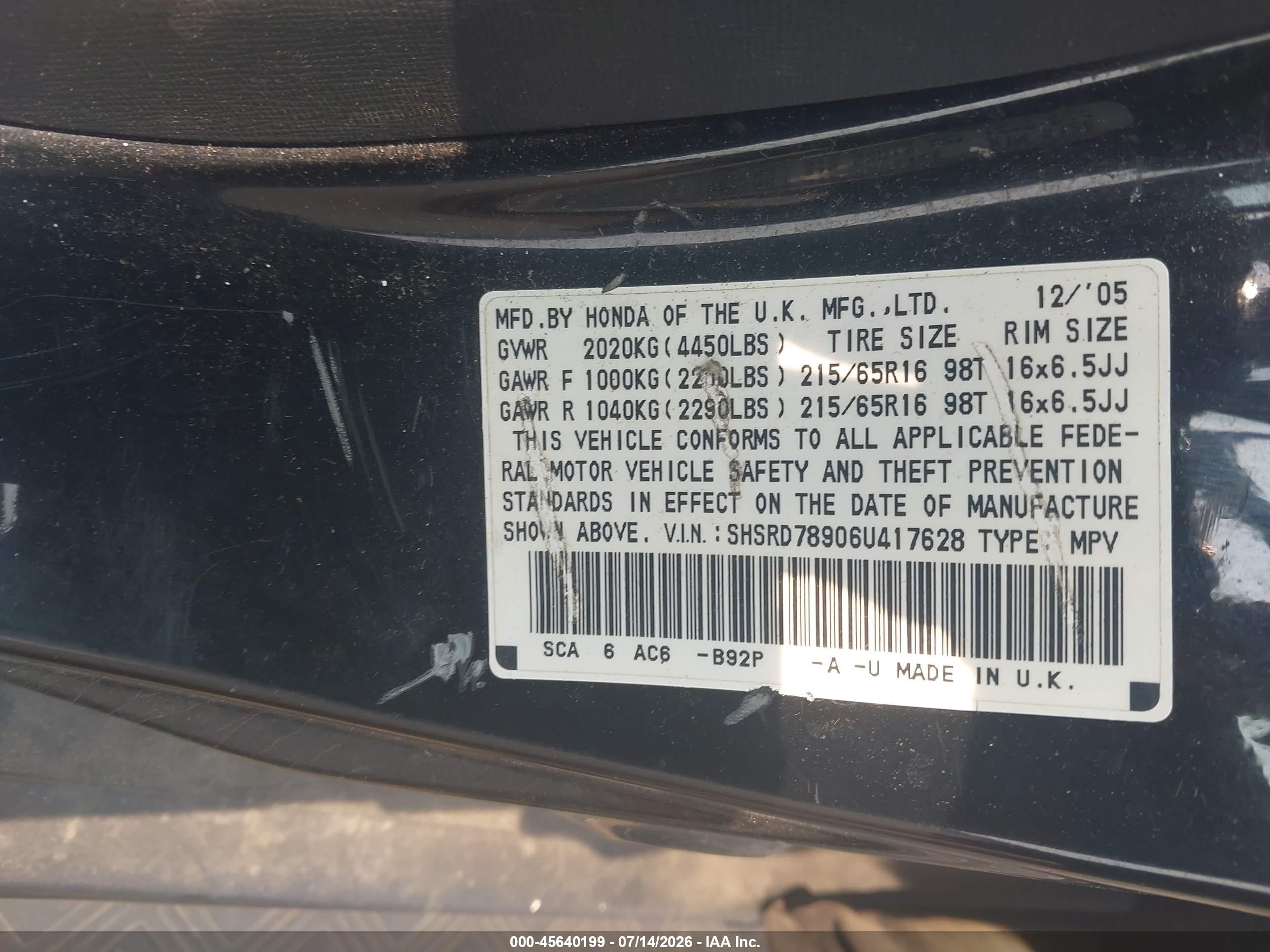 2006 Honda Cr-v Se Black vin: SHSRD78906U417628