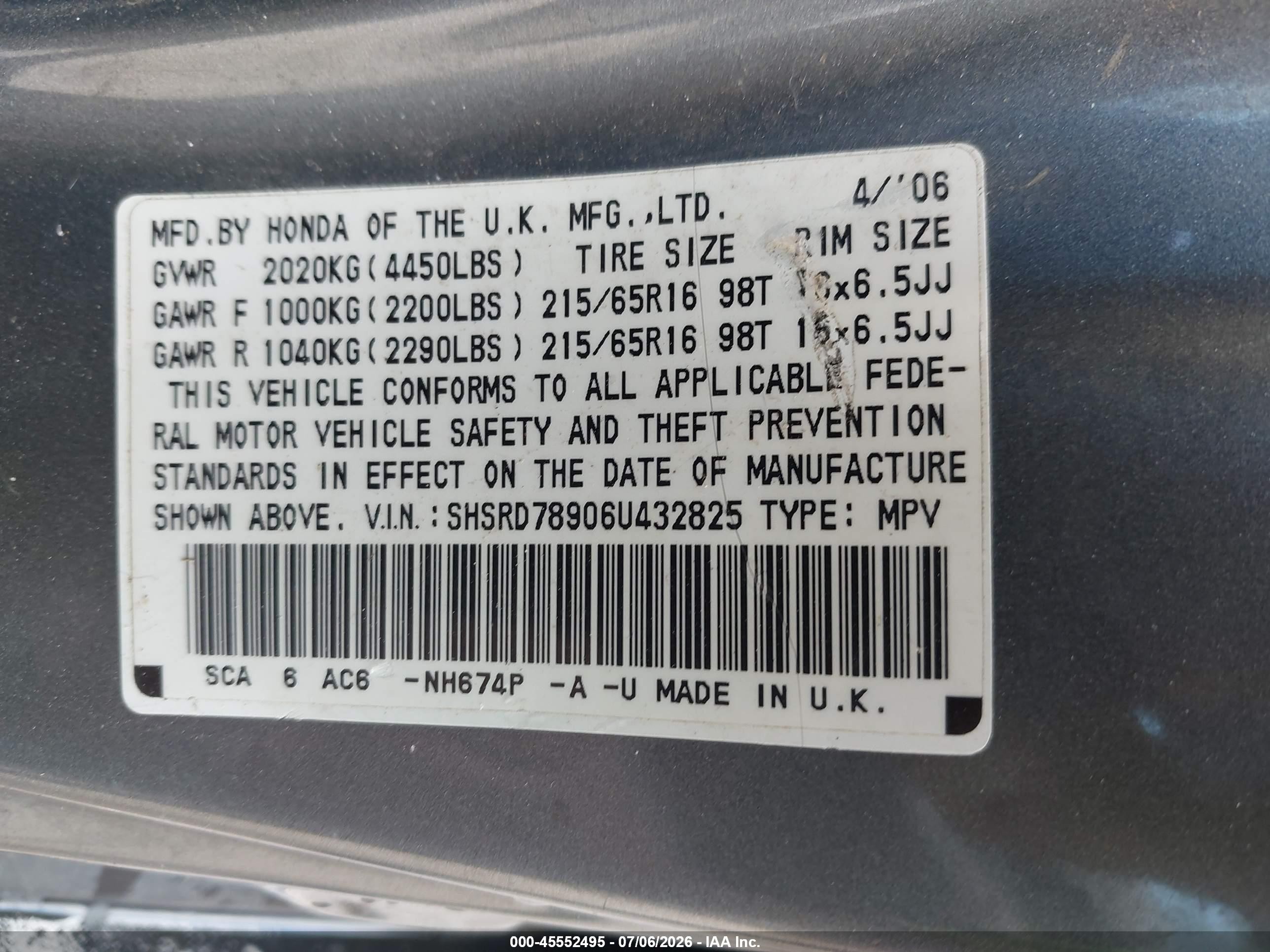 2006 Honda Cr-v Se Gray vin: SHSRD78906U432825
