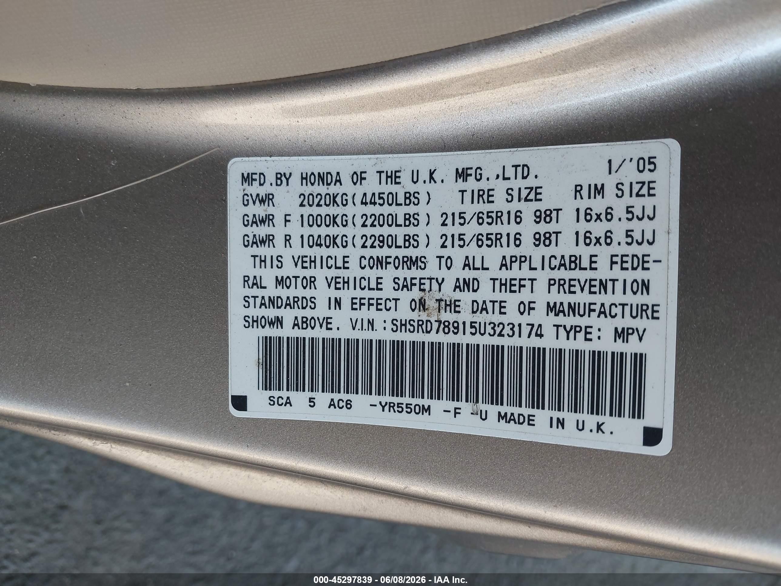 2005 Honda Cr-v Se Beige vin: SHSRD78915U323174