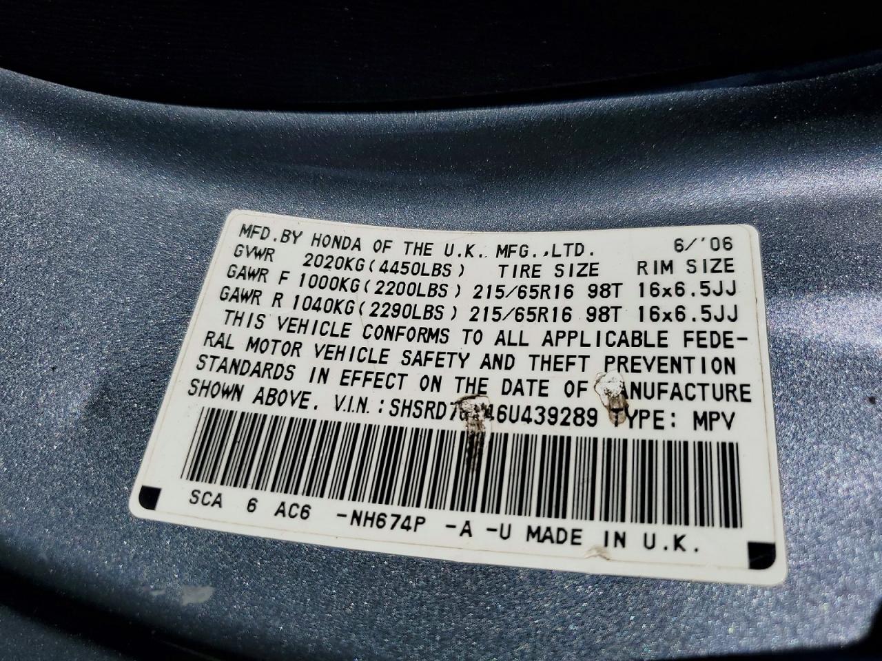 2006 Honda Cr-v Se Gray vin: SHSRD78946U439289