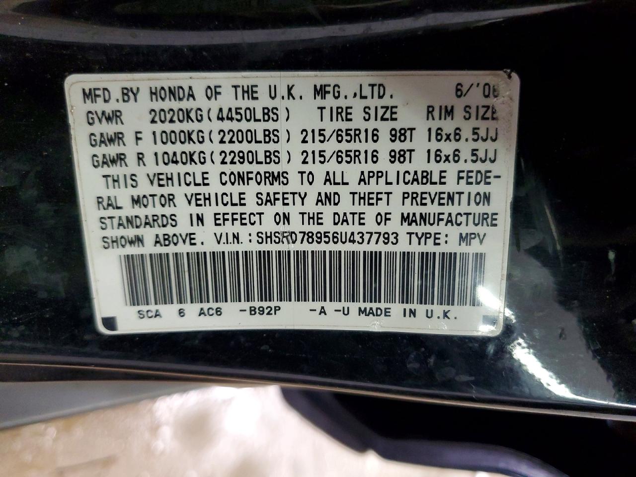 2006 Honda Cr-v Se/ex Black vin: SHSRD78956U437793