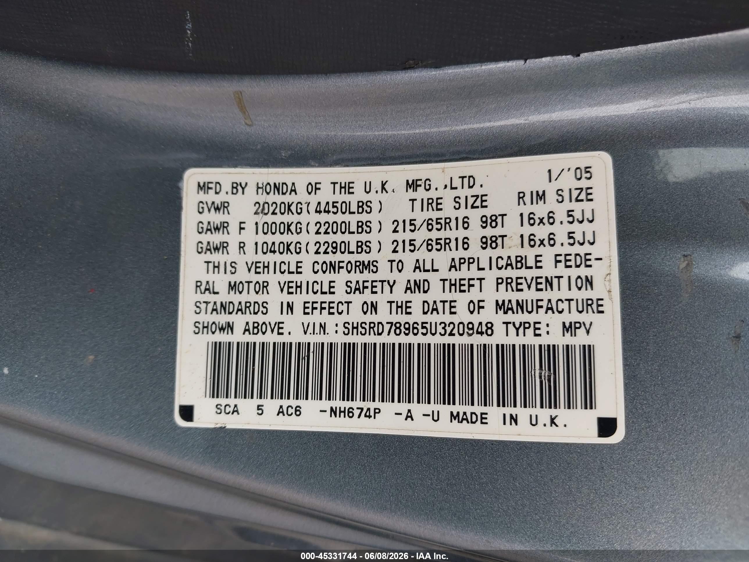 2005 Honda Cr-v Se Light Blue vin: SHSRD78965U320948