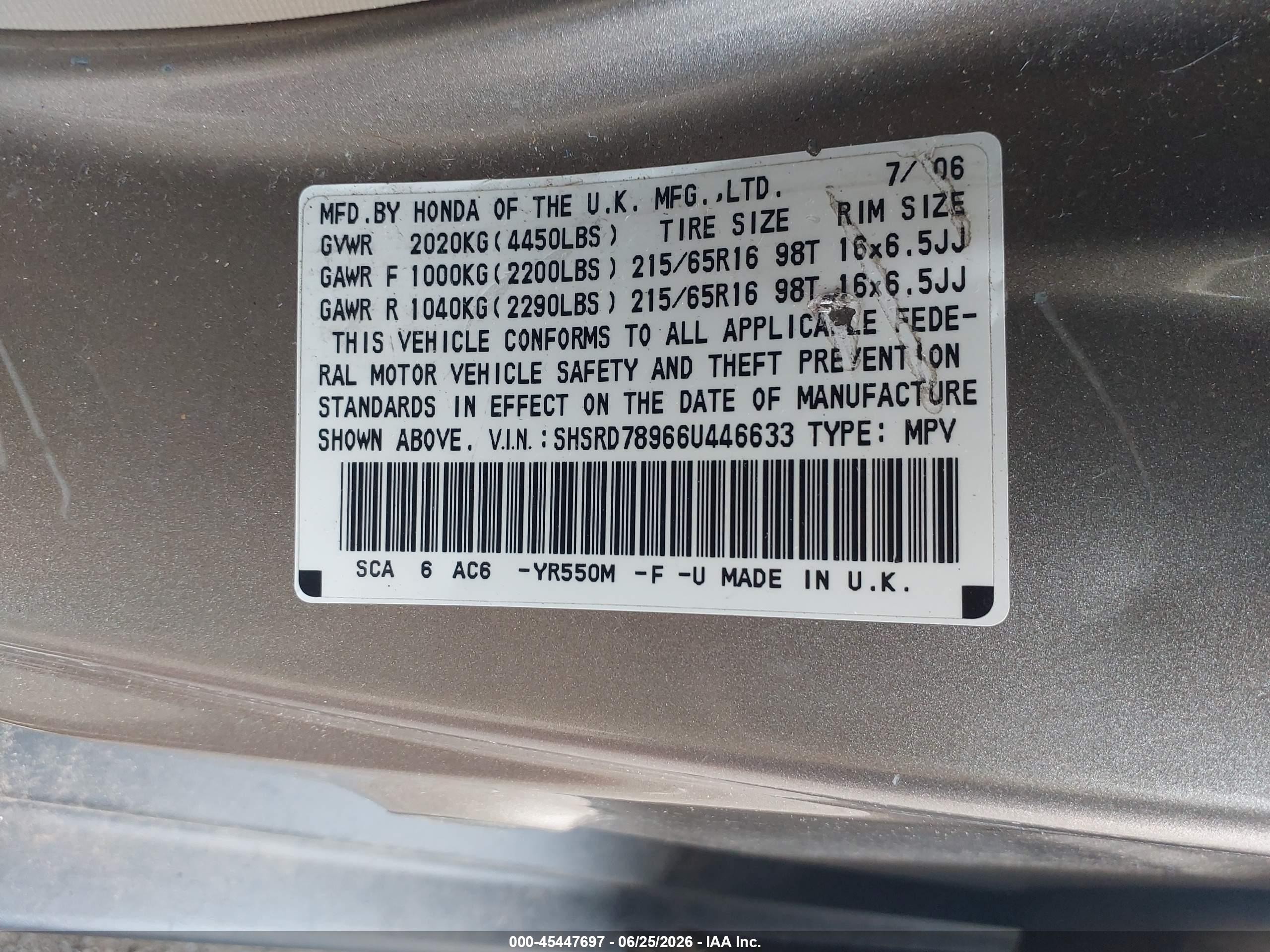 2006 Honda Cr-v Se Gold vin: SHSRD78966U446633