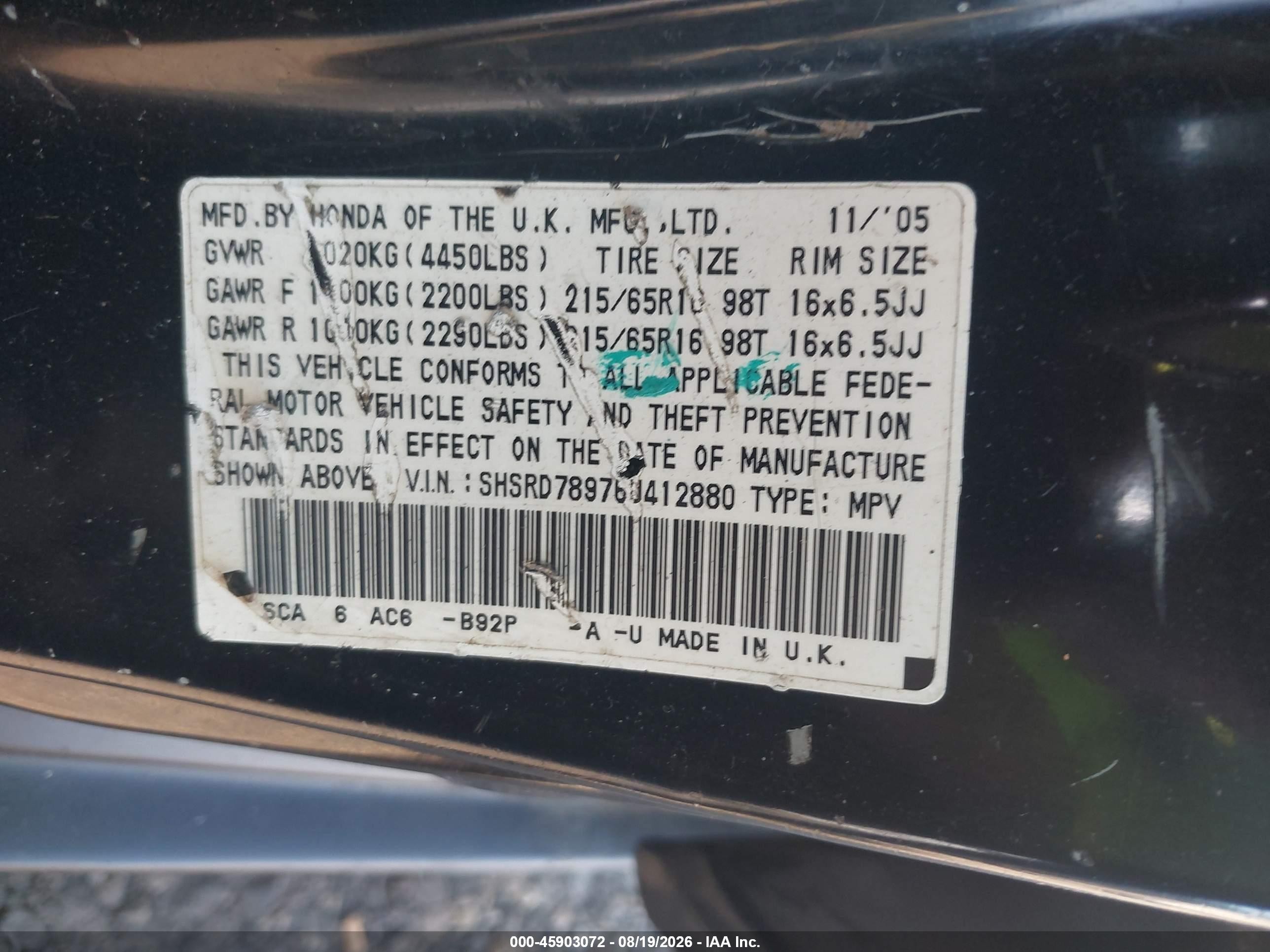 2006 Honda Cr-v Se Black vin: SHSRD78976U412880