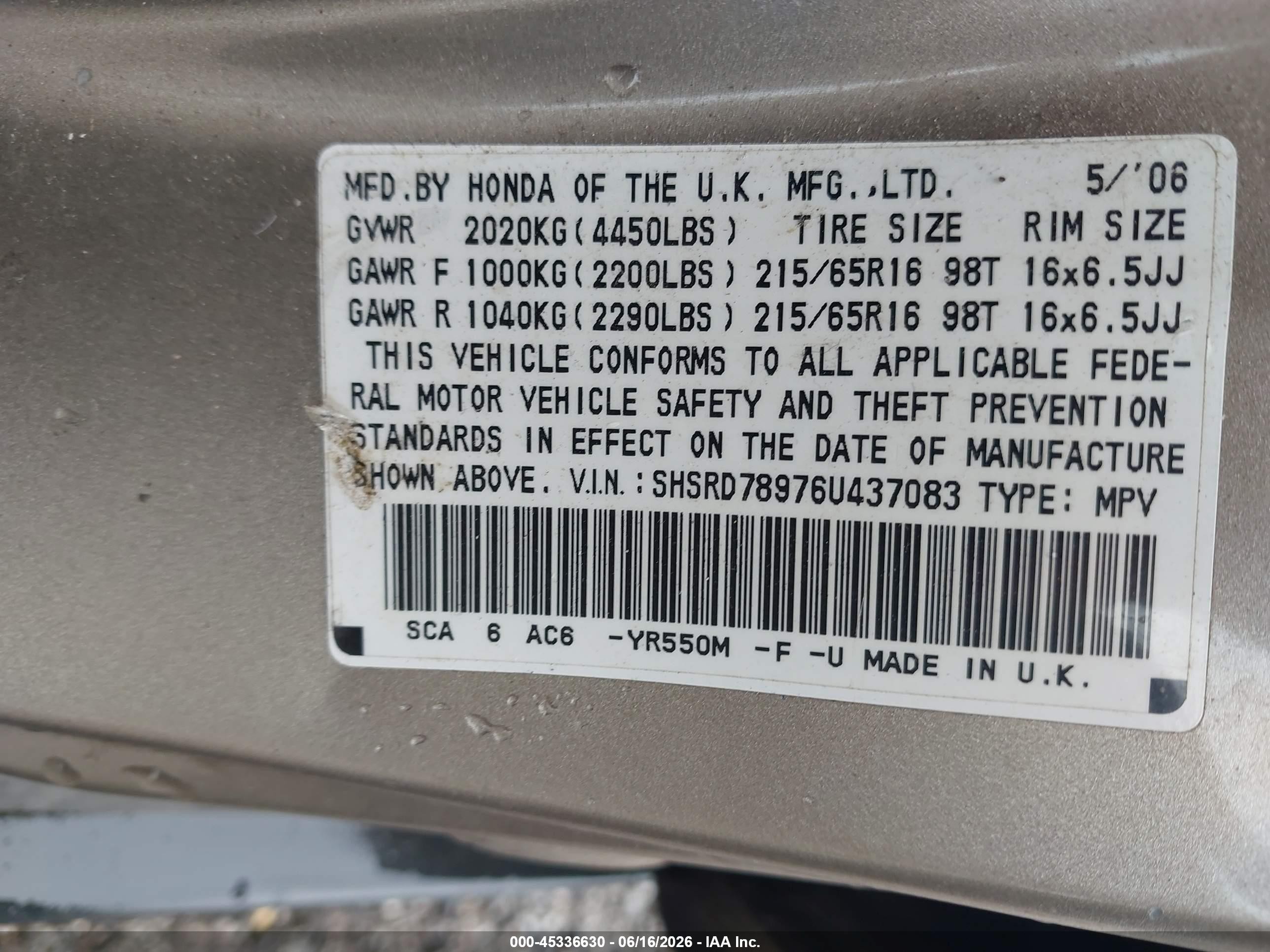 2006 Honda Cr-v Se Tan vin: SHSRD78976U437083