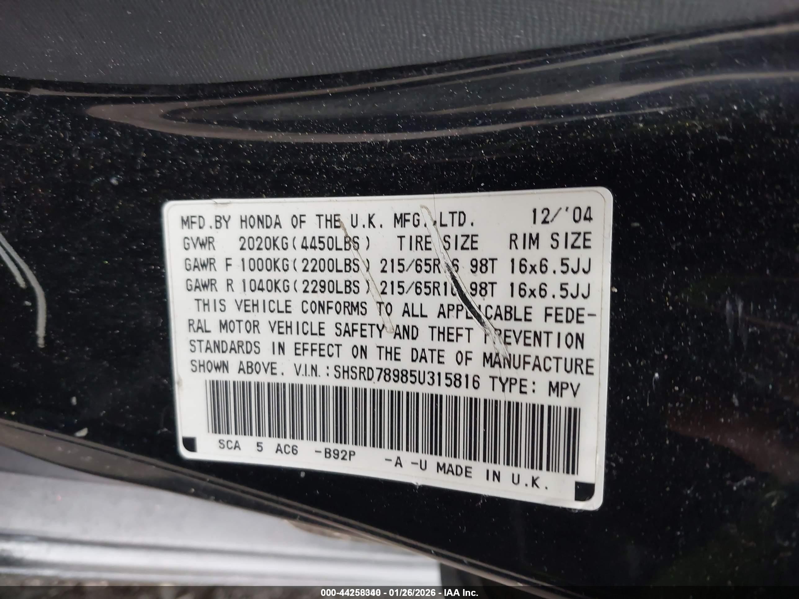 2005 Honda Cr-v Se Black vin: SHSRD78985U315816