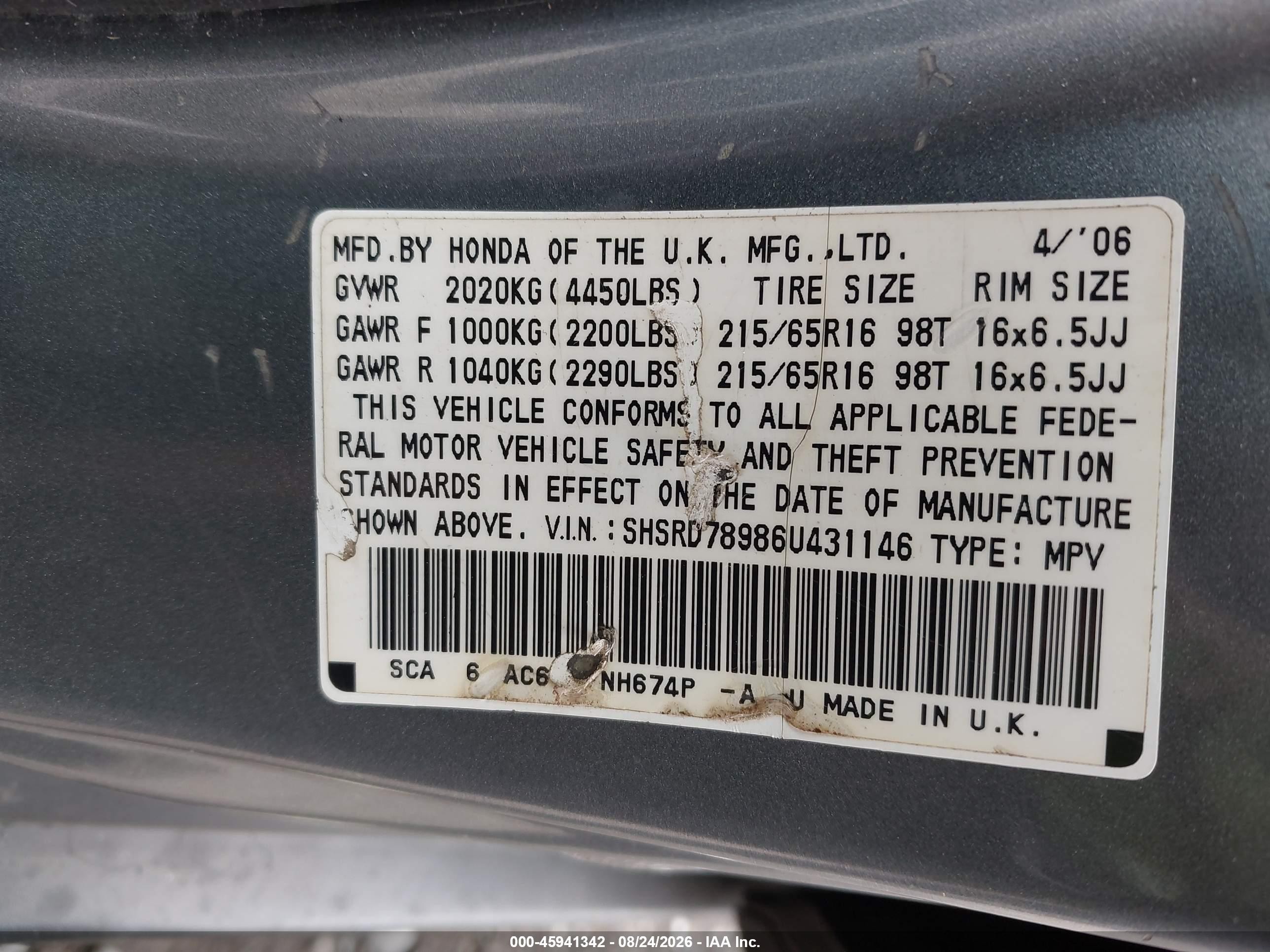 2006 Honda Cr-v Se Gray vin: SHSRD78986U431146