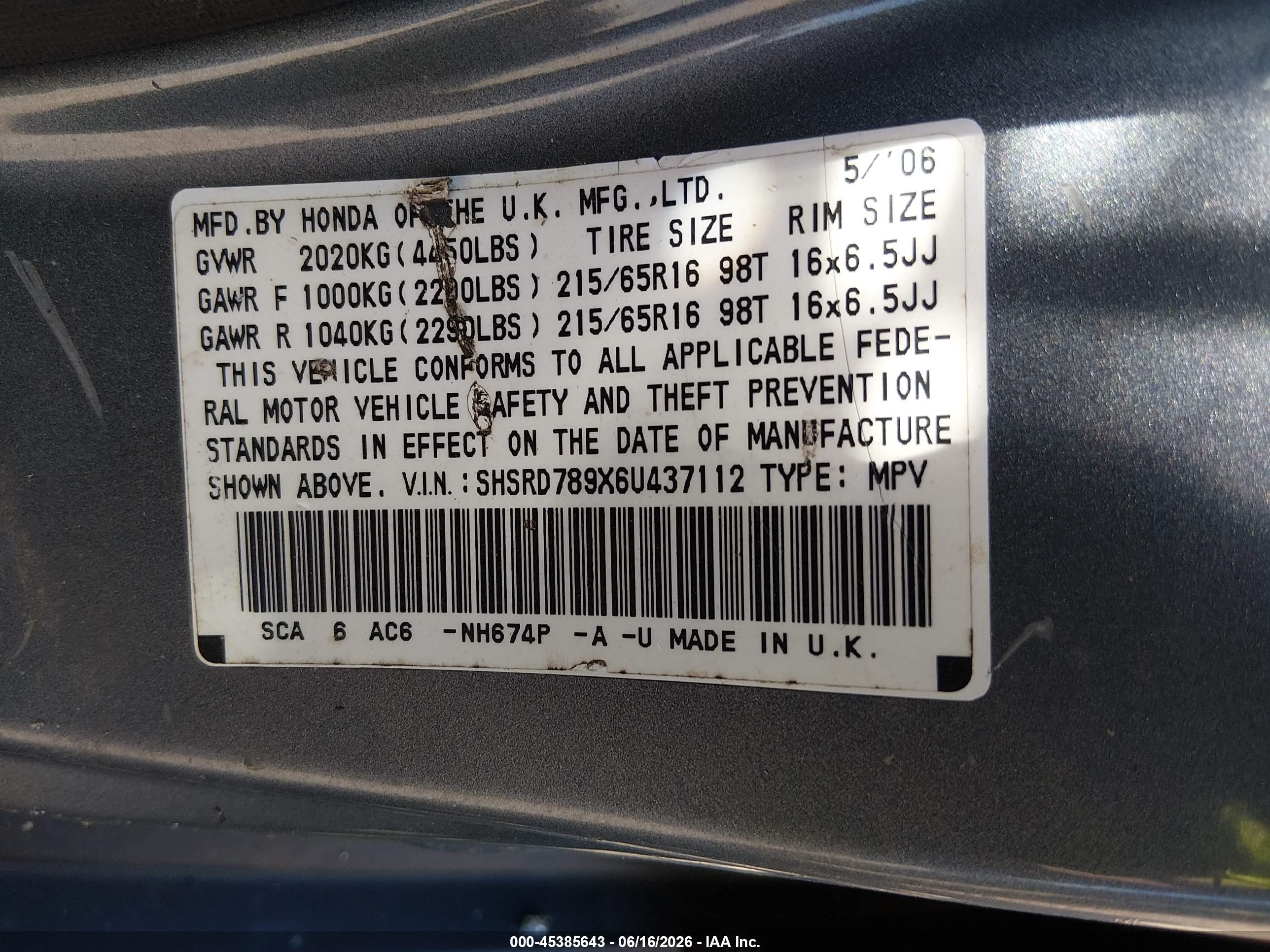 2006 Honda Cr-v Se Gray vin: SHSRD789X6U437112