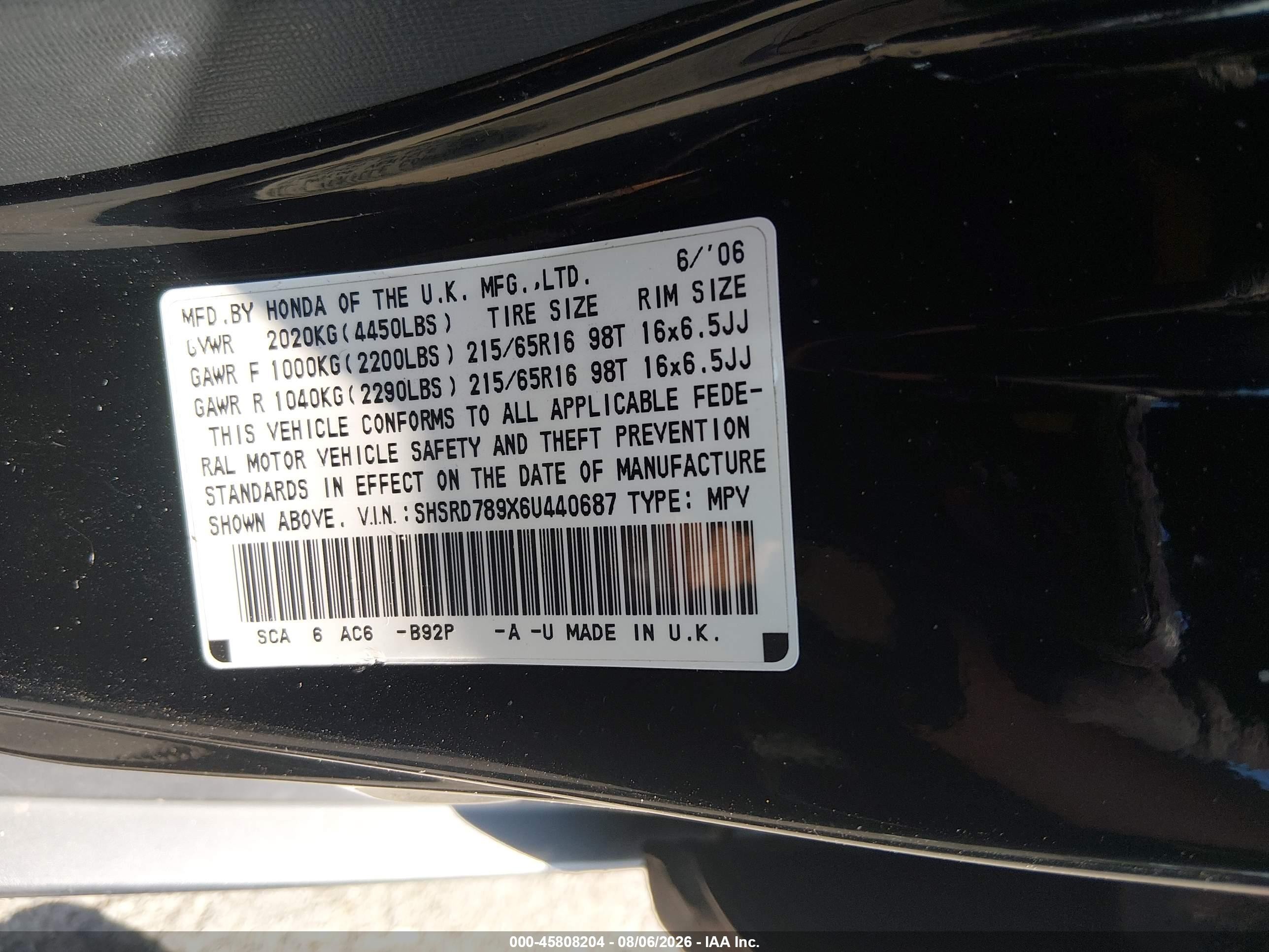 2006 Honda Cr-v Se Black vin: SHSRD789X6U440687