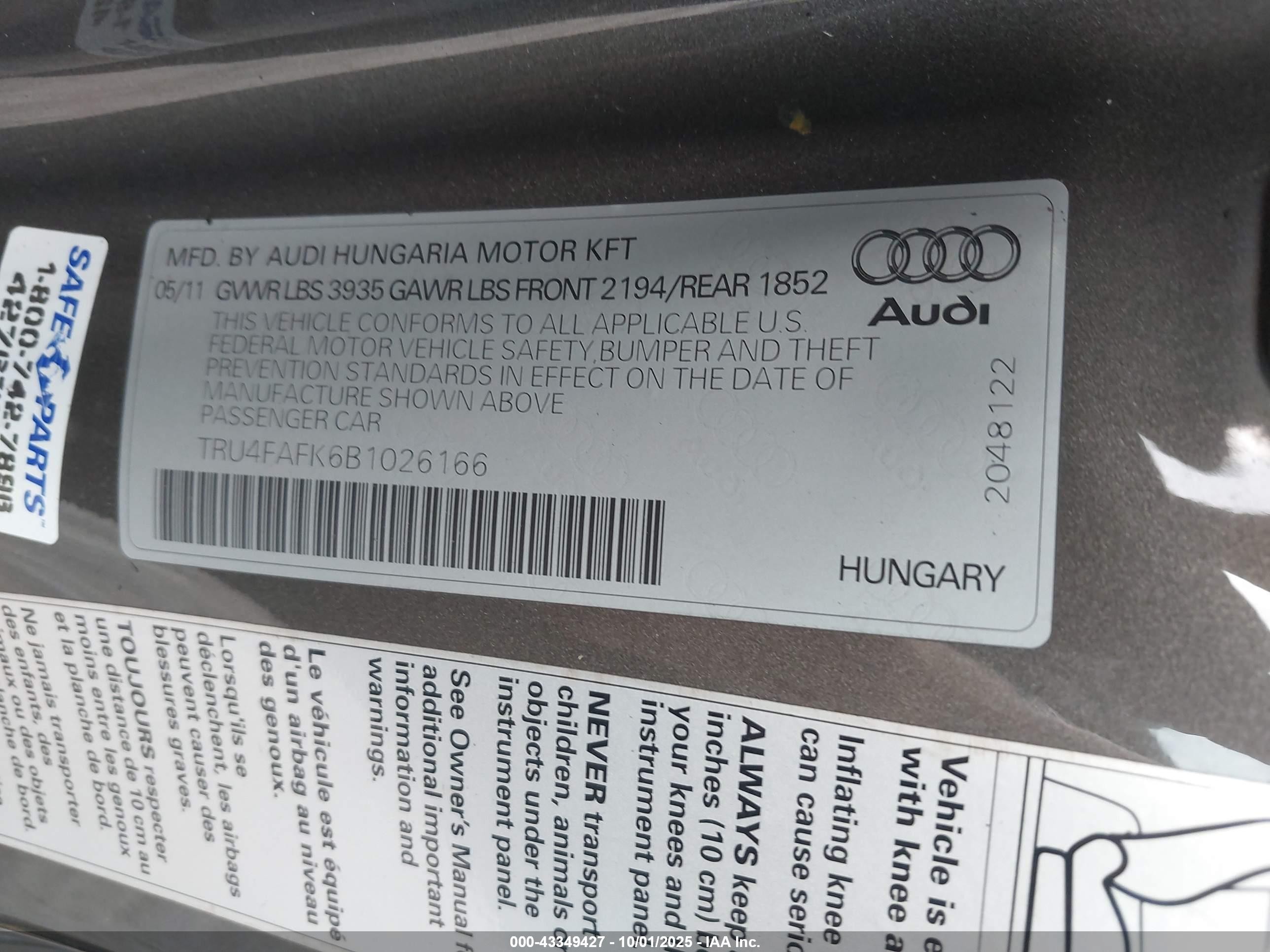 2011 Audi Tt 2.0t Premium Plus Brown vin: TRU4FAFK6B1026166