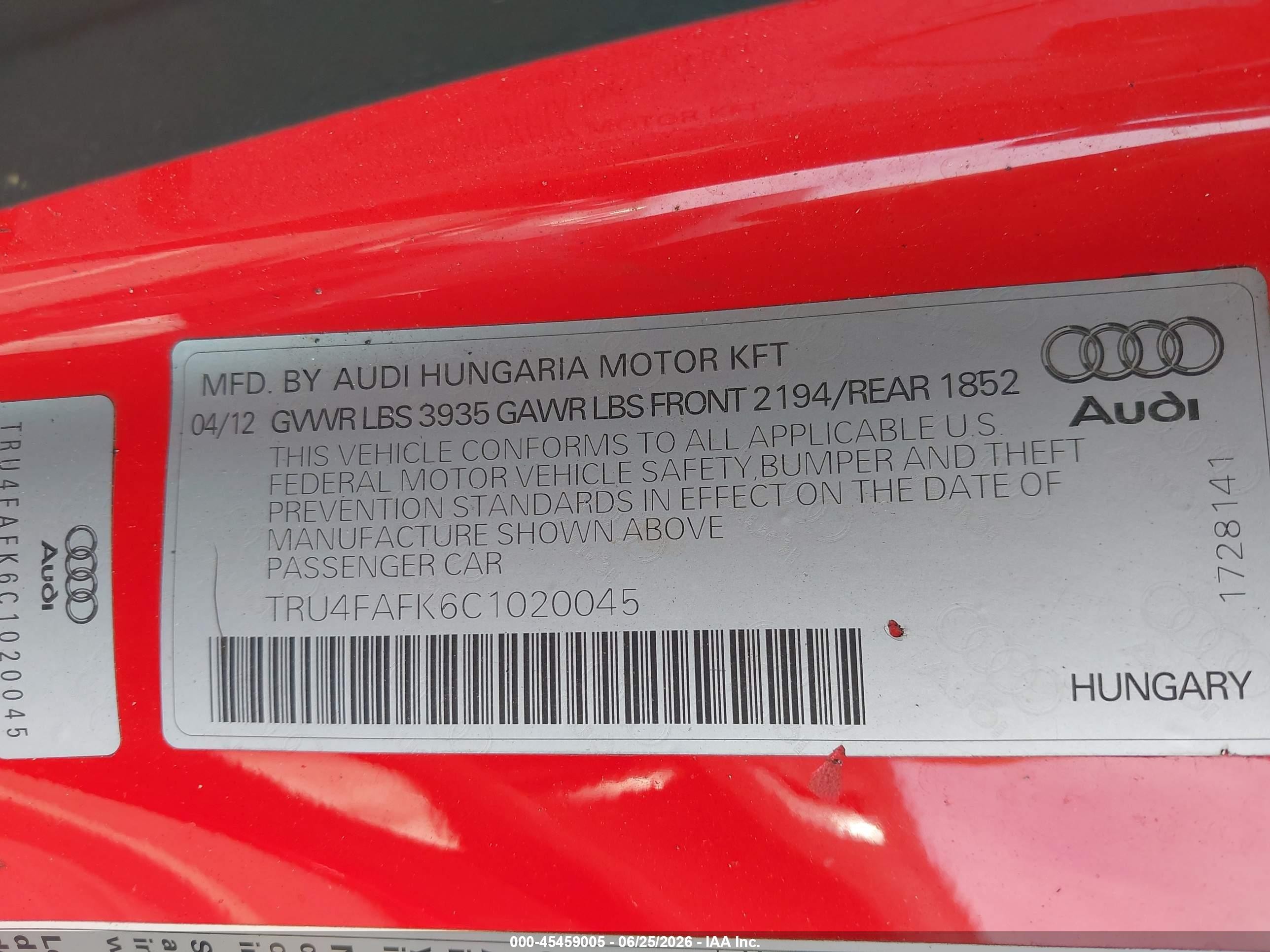 2012 Audi Tt 2.0t Prestige Red vin: TRU4FAFK6C1020045
