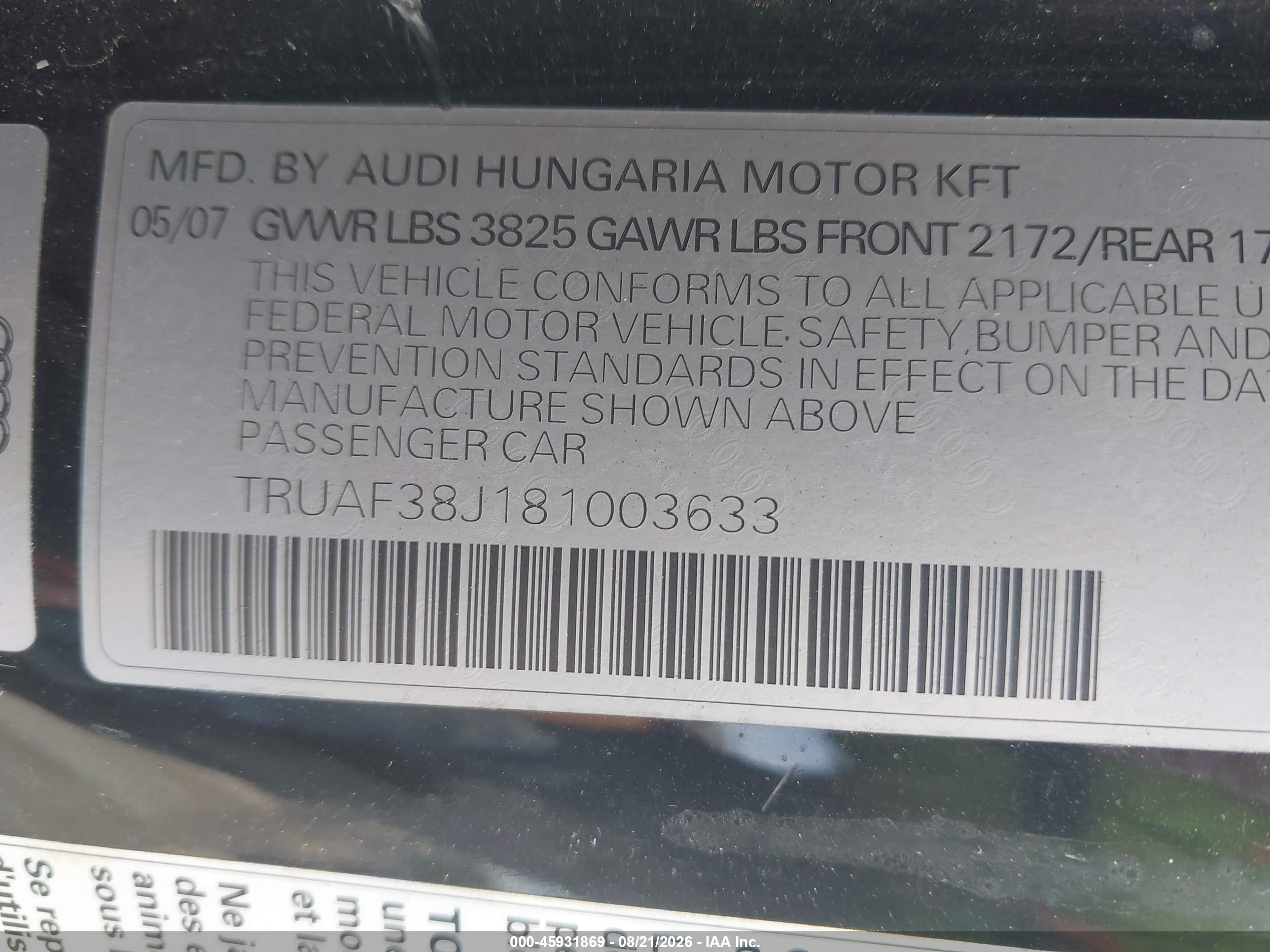 2008 Audi Tt 2.0t Черный vin: TRUAF38J181003633