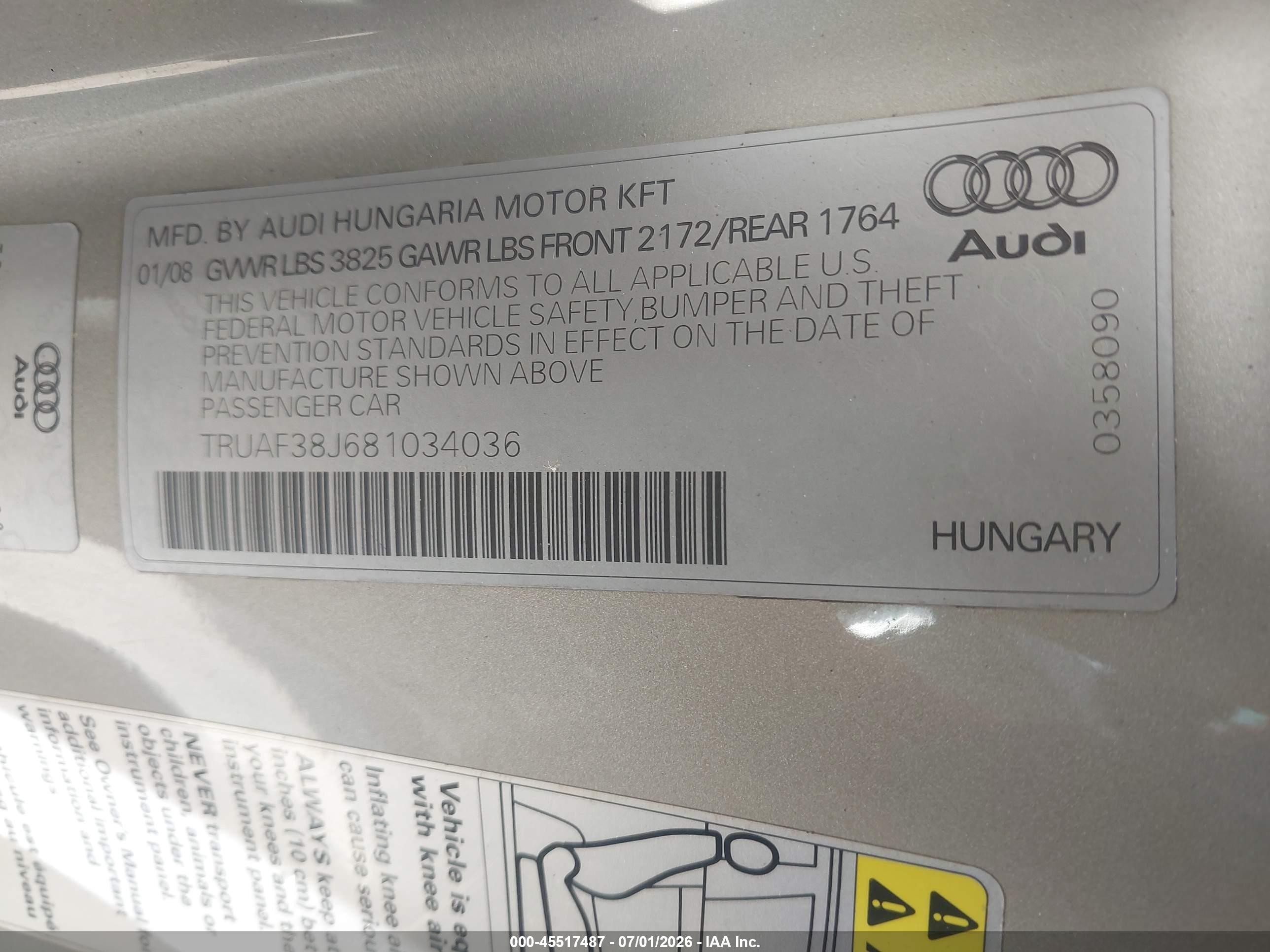 2008 Audi Tt 2.0t Beige vin: TRUAF38J681034036