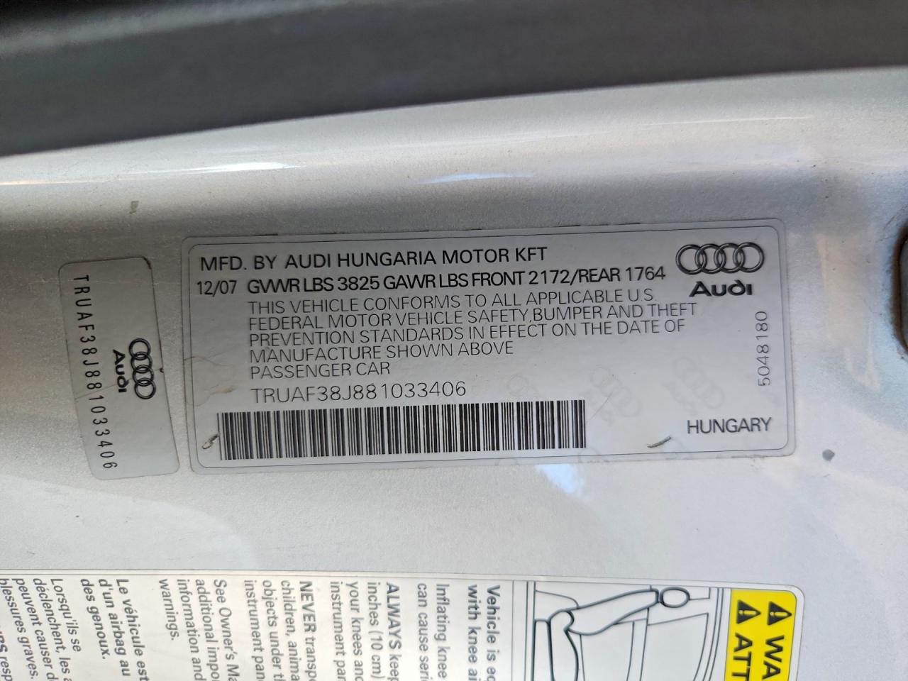 2008 Audi Tt 2.0t Gray vin: TRUAF38J881033406