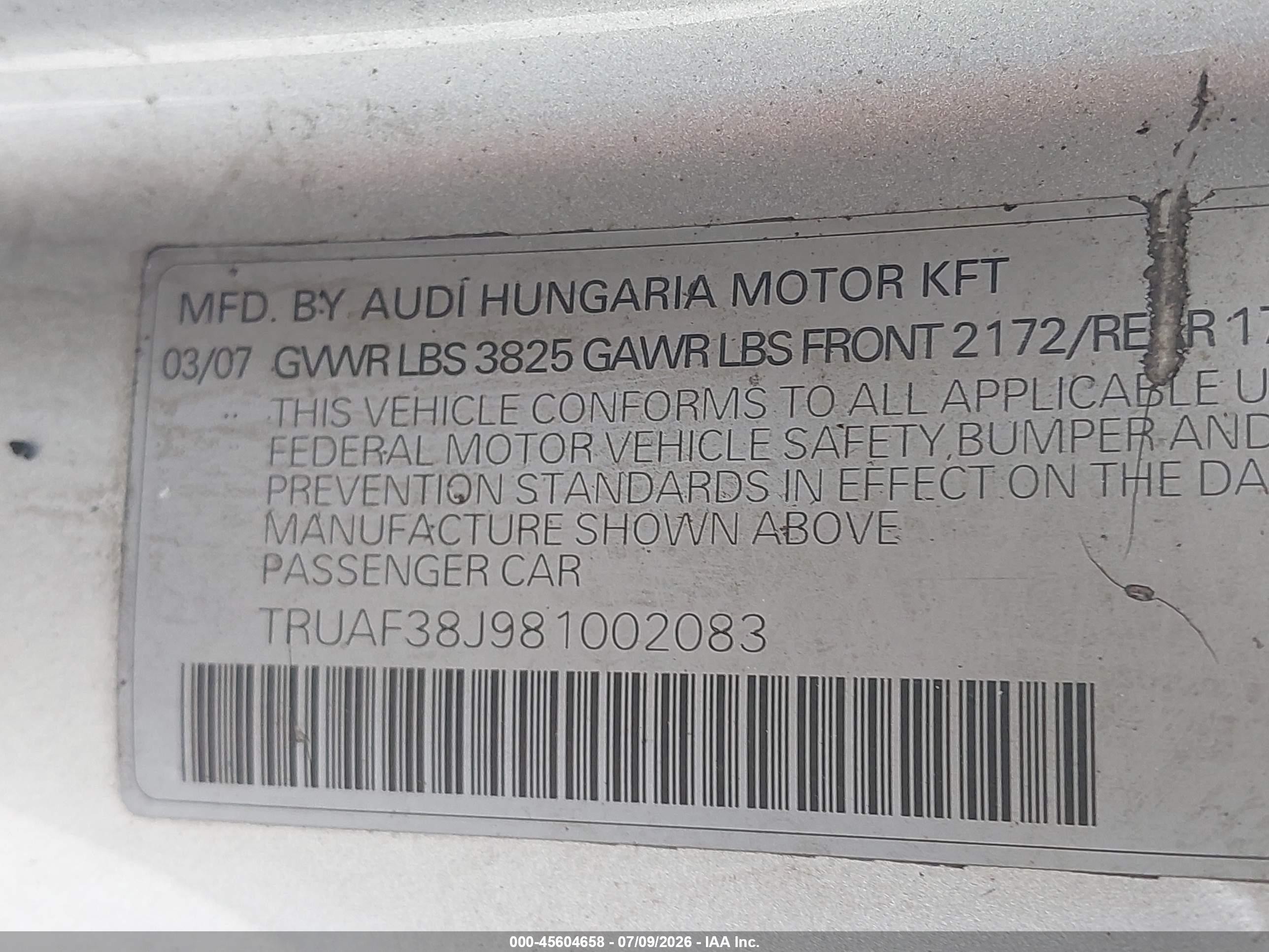 2008 Audi Tt 2.0t Silver vin: TRUAF38J981002083