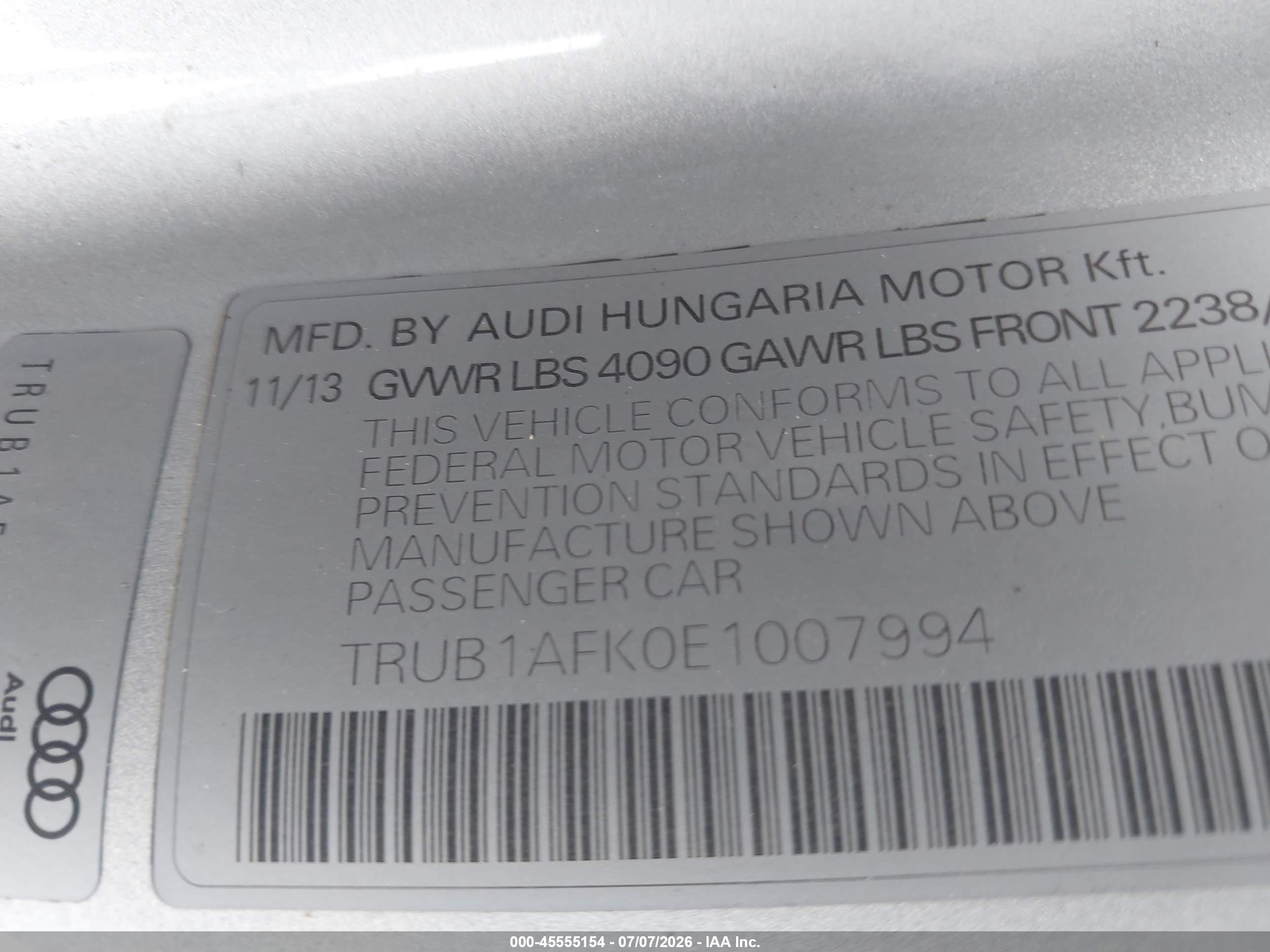 2014 Audi Tts 2.0t Silver vin: TRUB1AFK0E1007994