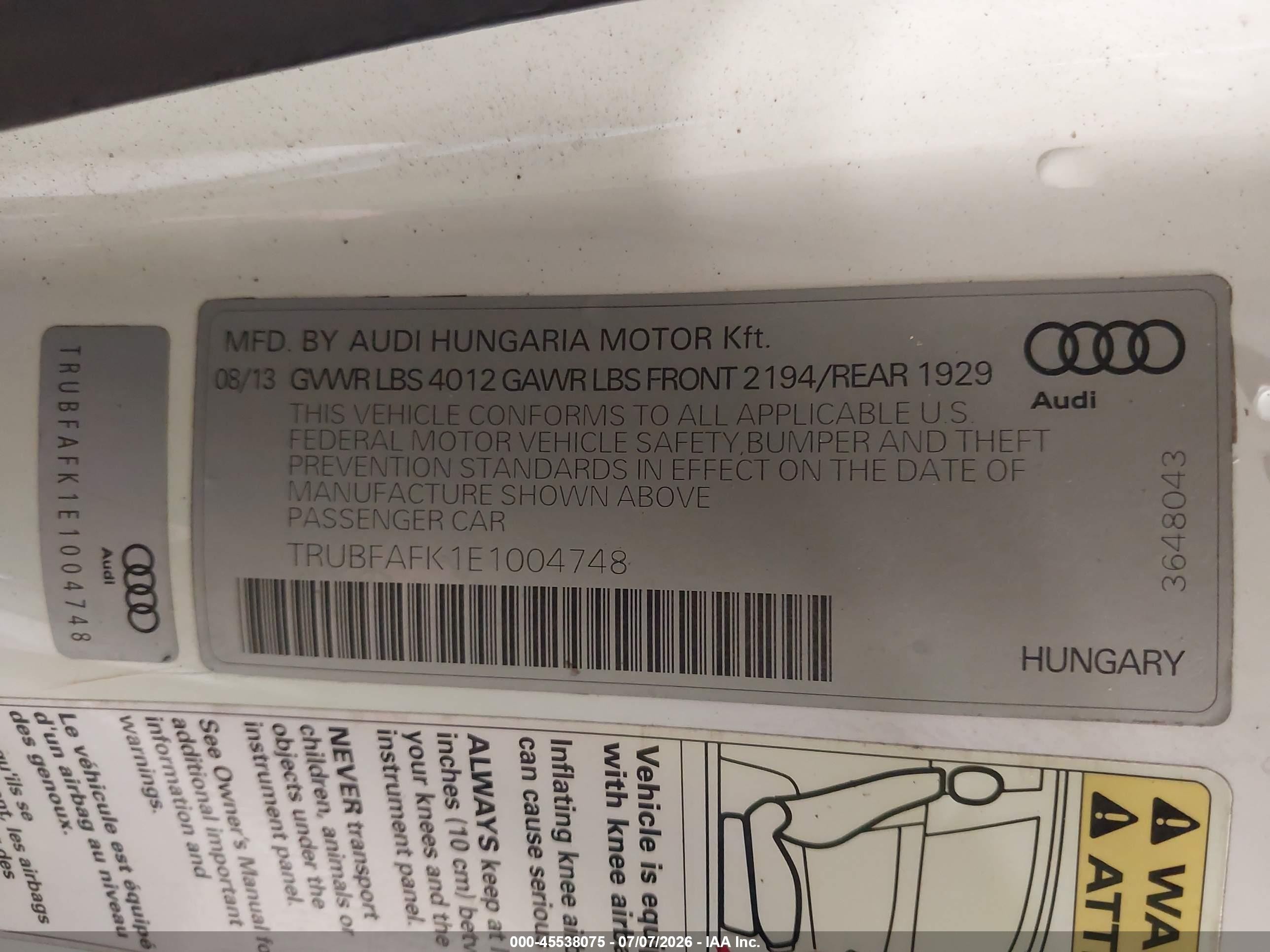2014 Audi Tt 2.0t White vin: TRUBFAFK1E1004748