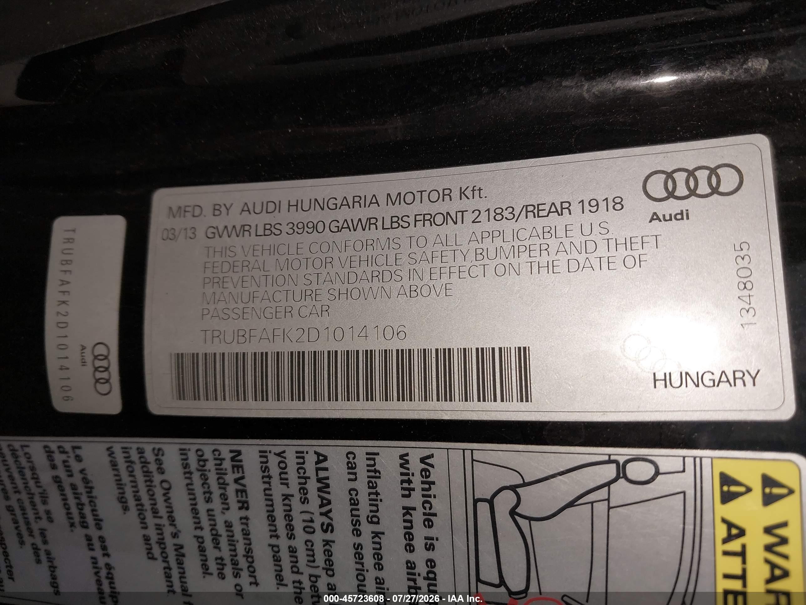 2013 Audi Tt 2.0t Premium Plus Black vin: TRUBFAFK2D1014106
