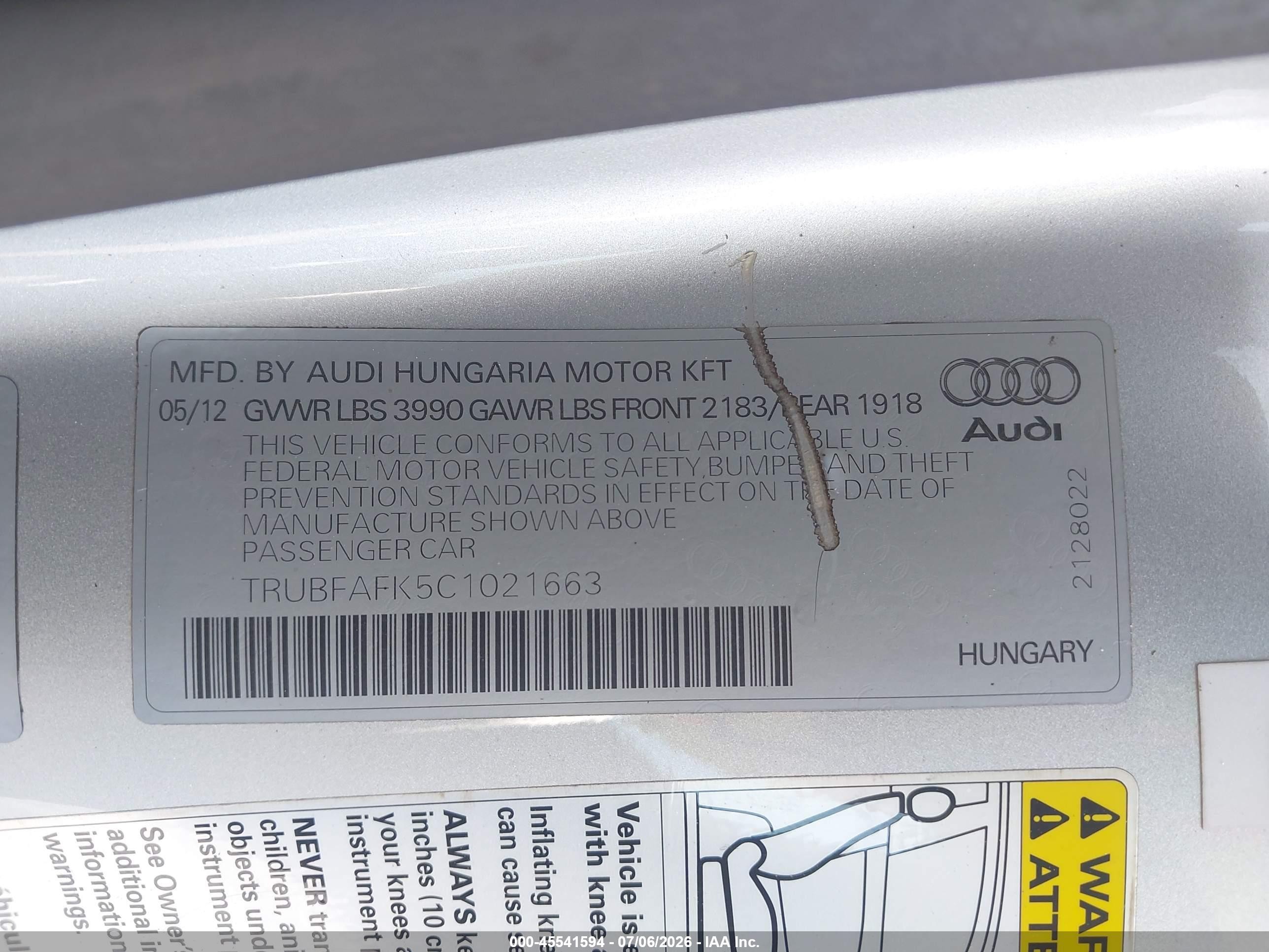 2012 Audi Tt 2.0t Premium Plus Silver vin: TRUBFAFK5C1021663