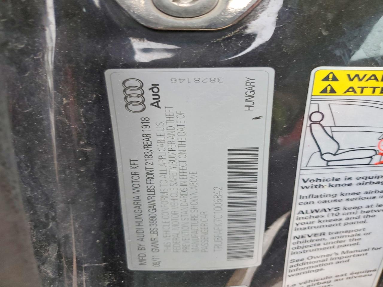 2012 Audi Tt Premium Plus Charcoal vin: TRUBFAFK7C1006842