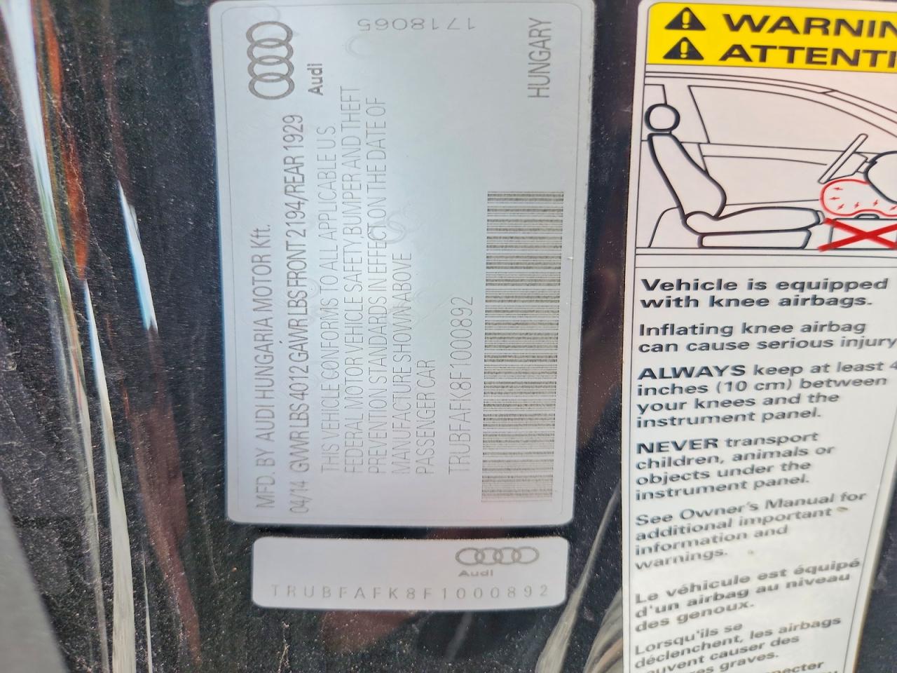 2015 Audi Tt Black vin: TRUBFAFK8F1000892