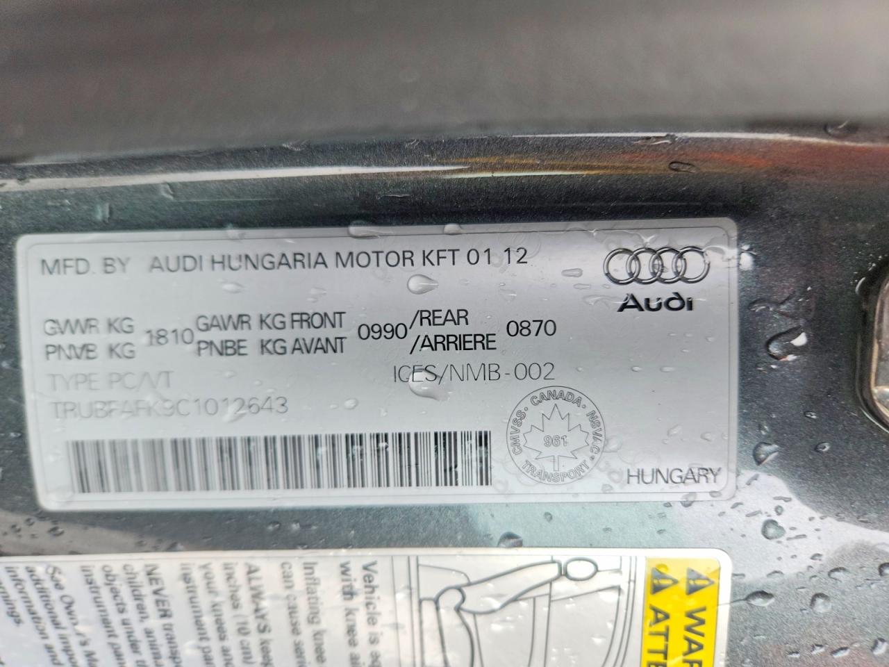 2012 Audi Tt Premium Plus Серый vin: TRUBFAFK9C1012643