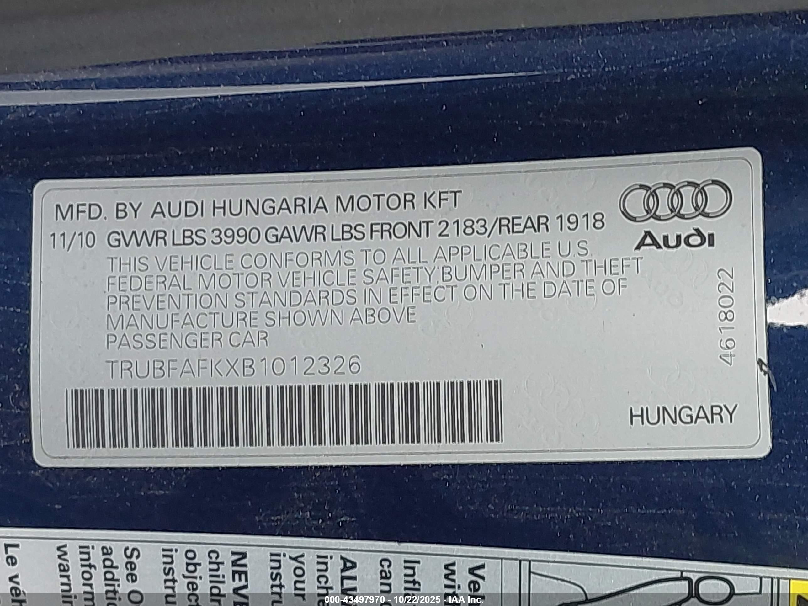 2011 Audi Tt 2.0t Premium Plus Blue vin: TRUBFAFKXB1012326