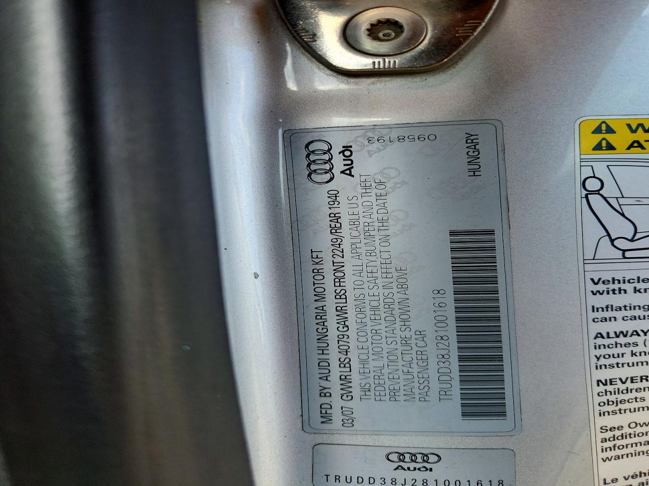2008 Audi Tt 3.2 Quattro Silver vin: TRUDD38J281001618