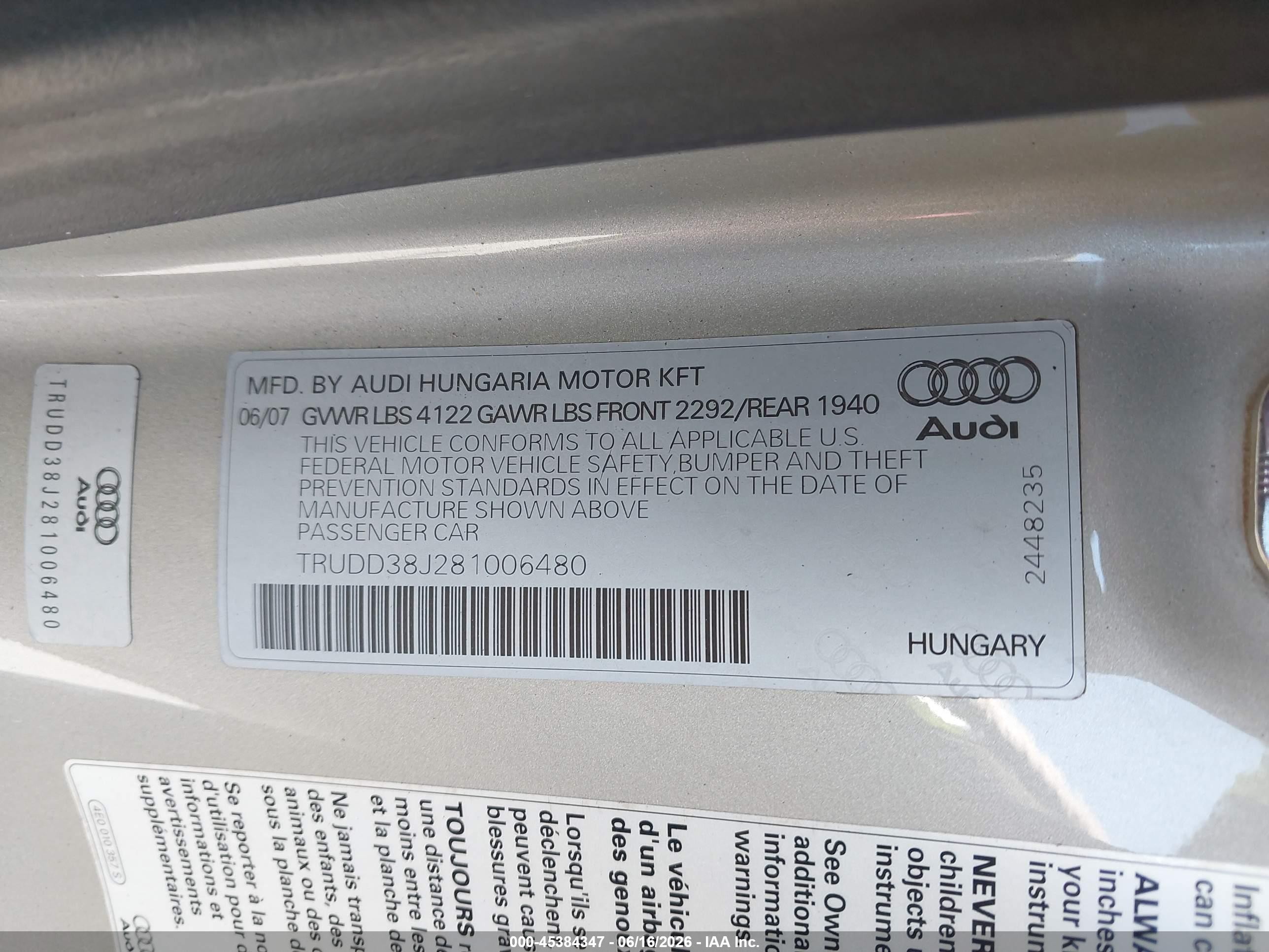 2008 Audi Tt 3.2 Tan vin: TRUDD38J281006480