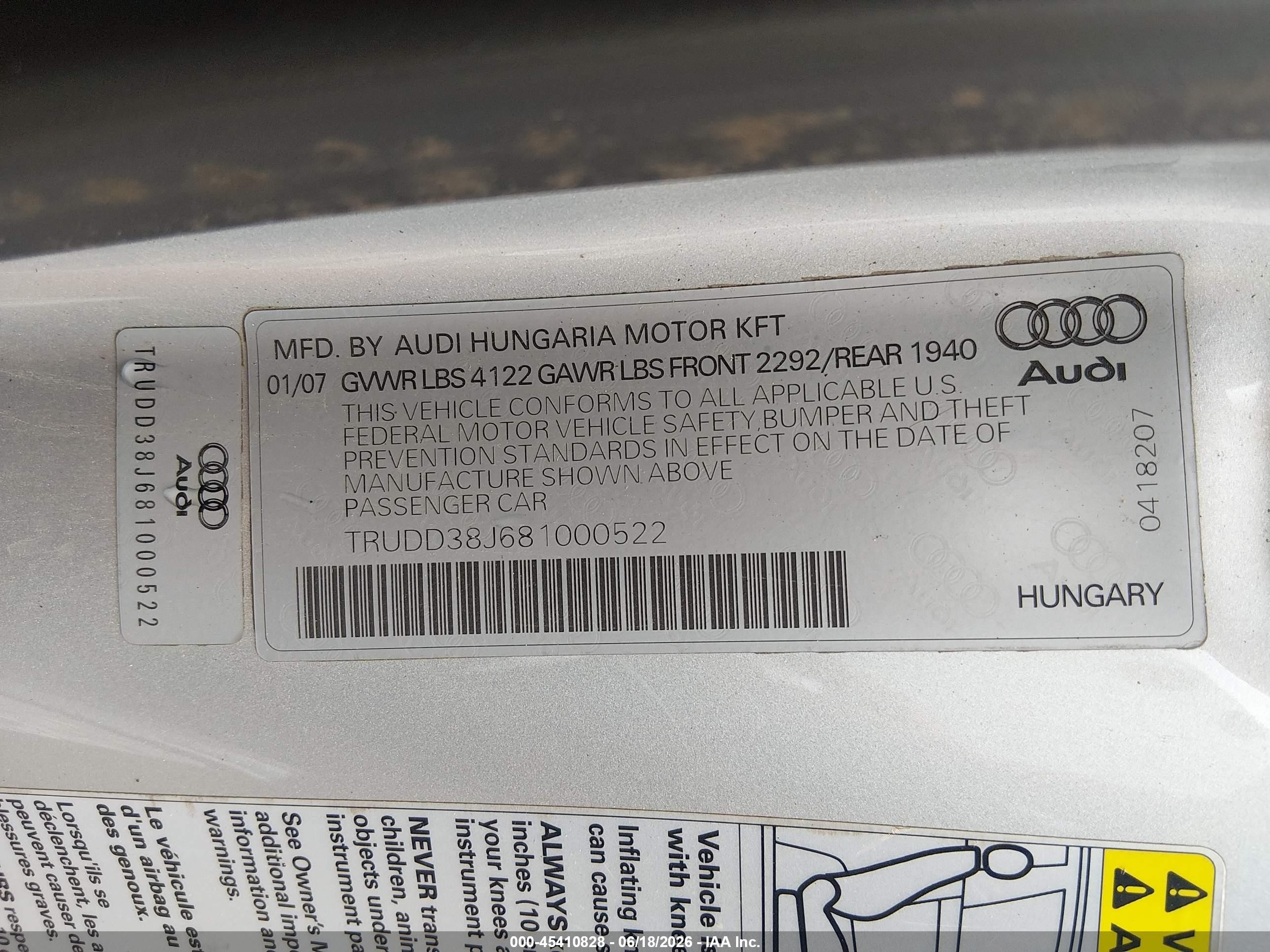 2008 Audi Tt 3.2 Silver vin: TRUDD38J681000522