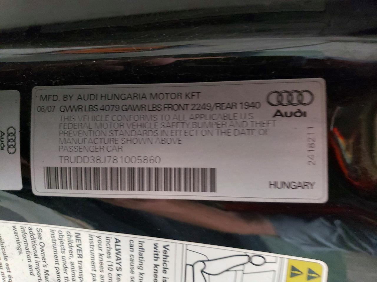2008 Audi Tt 3.2 Quattro Черный vin: TRUDD38J781005860