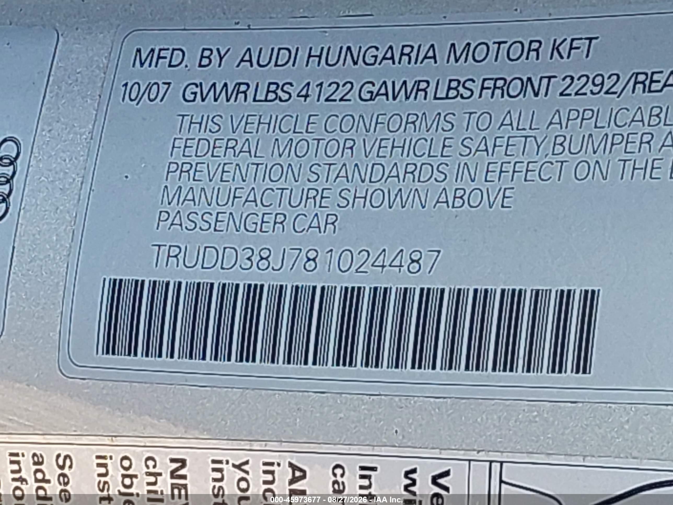 2008 Audi Tt 3.2 Серебряный vin: TRUDD38J781024487