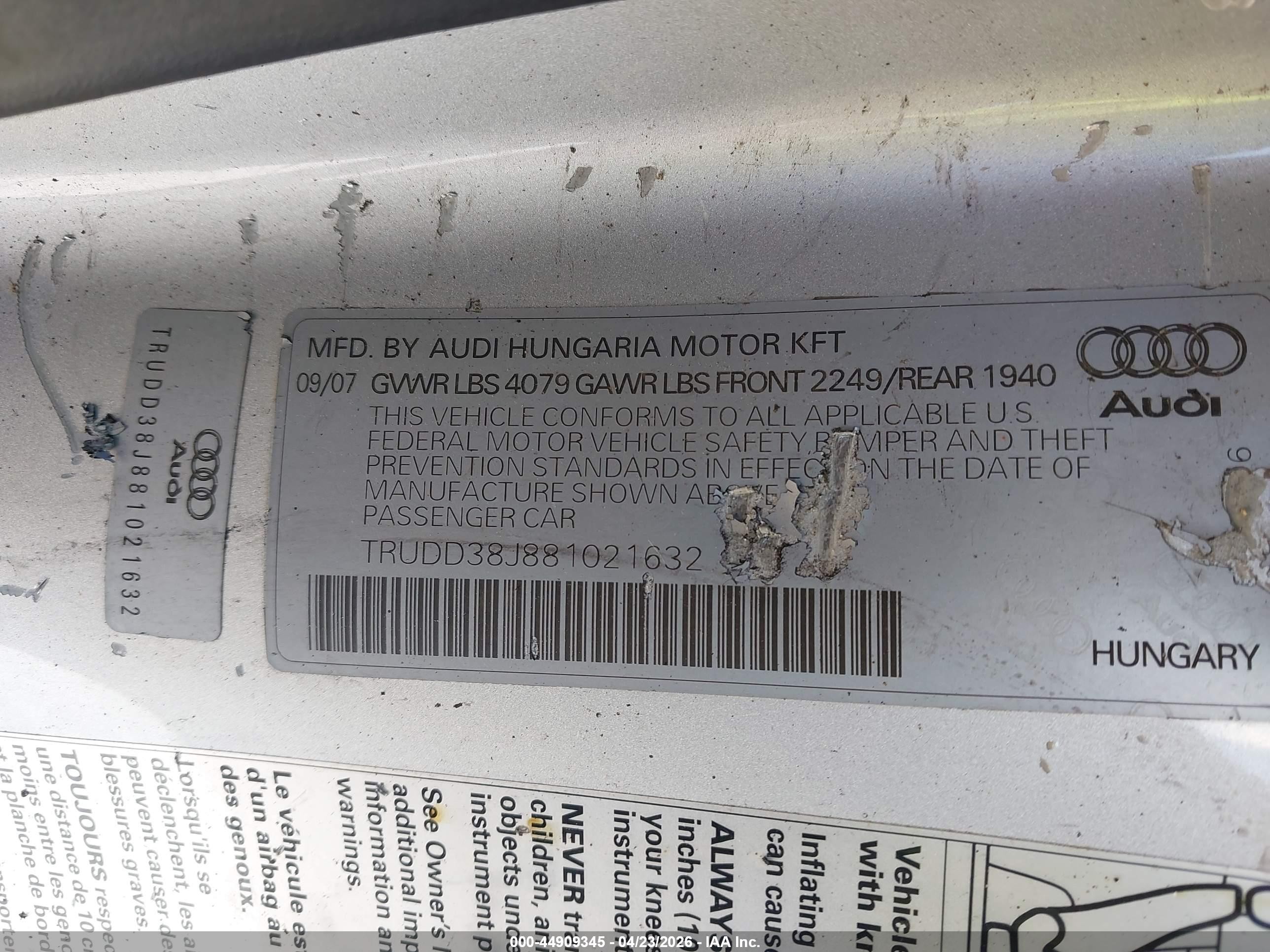 2008 Audi Tt 3.2 Silver vin: TRUDD38J881021632