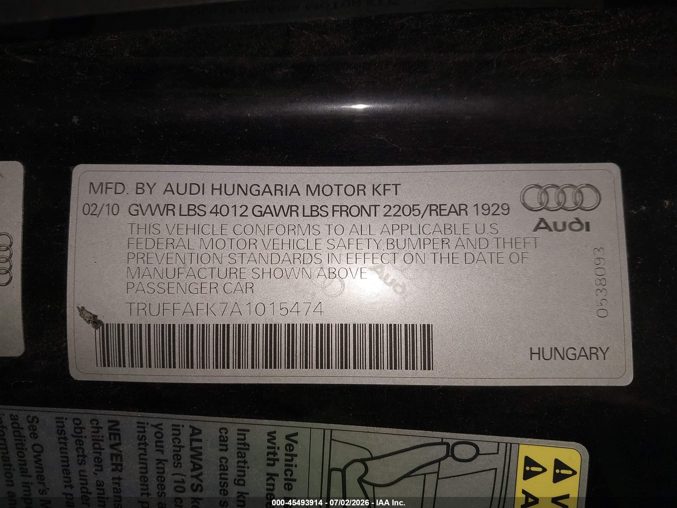 2010 Audi Tt 2.0t Premium Black vin: TRUFFAFK7A1015474
