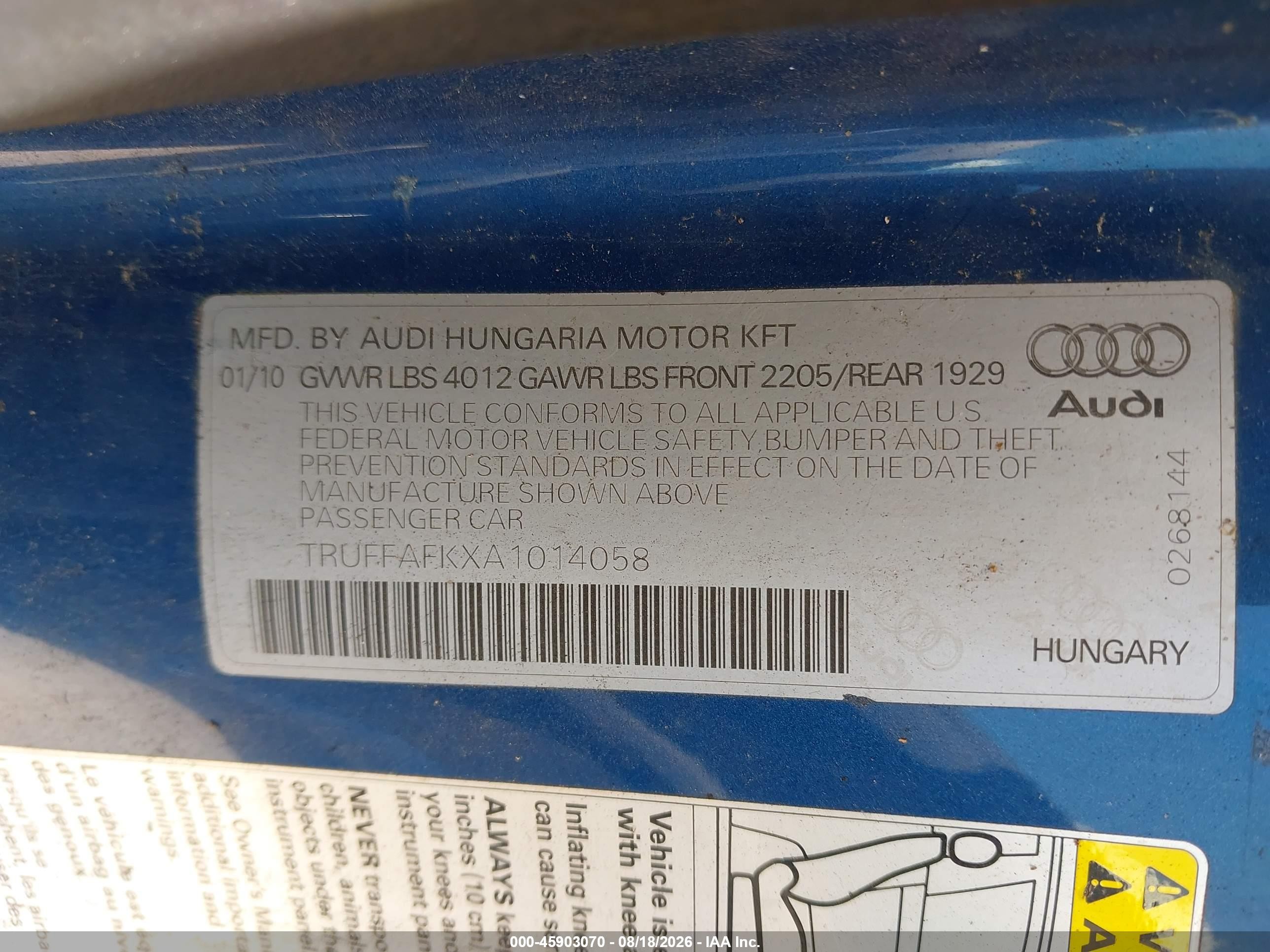 2010 Audi Tt 2.0t Premium Blue vin: TRUFFAFKXA1014058