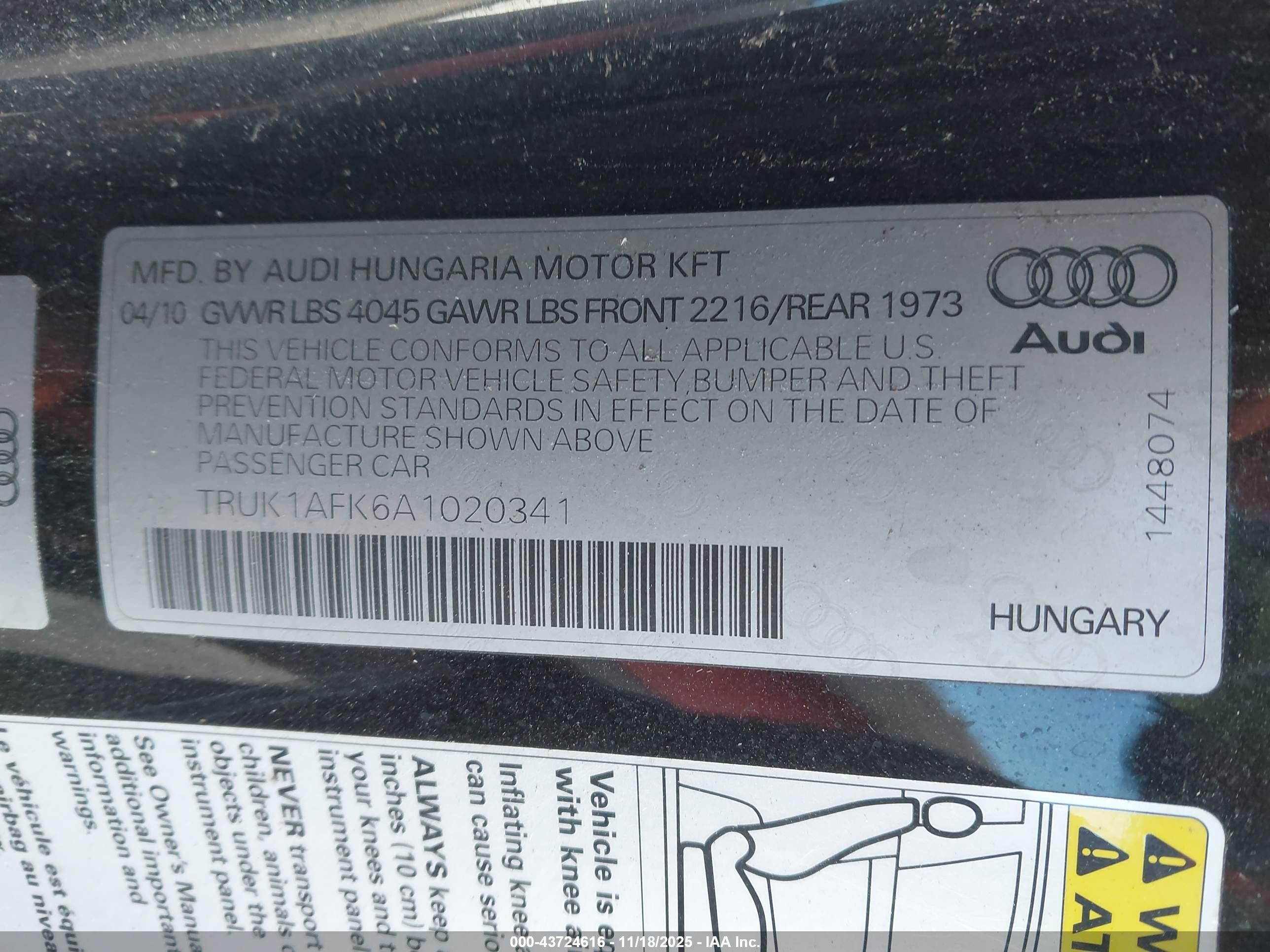 2010 Audi Tts 2.0t Premium Black vin: TRUK1AFK6A1020341