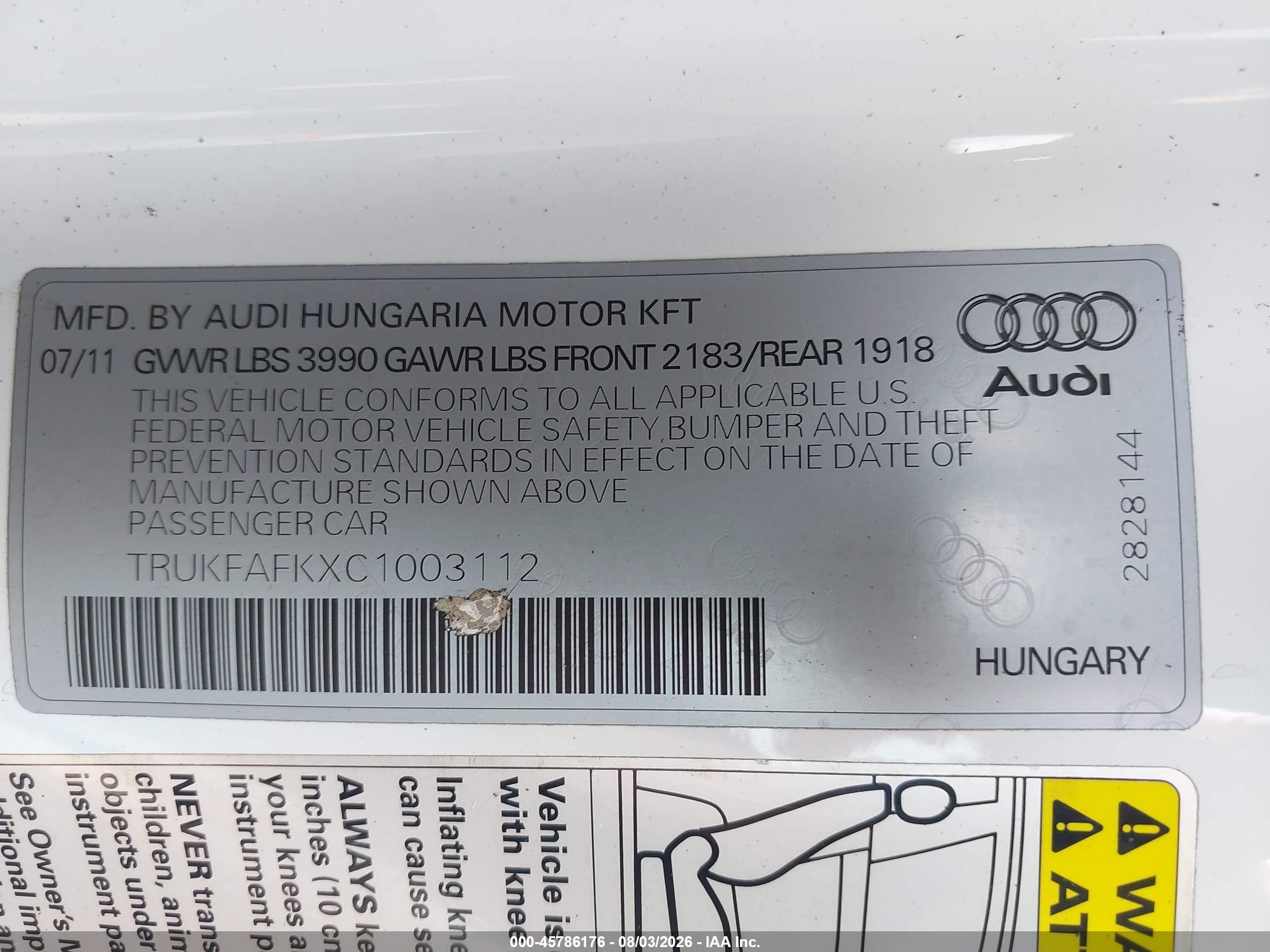 2012 Audi Tt 2.0t Prestige White vin: TRUKFAFKXC1003112