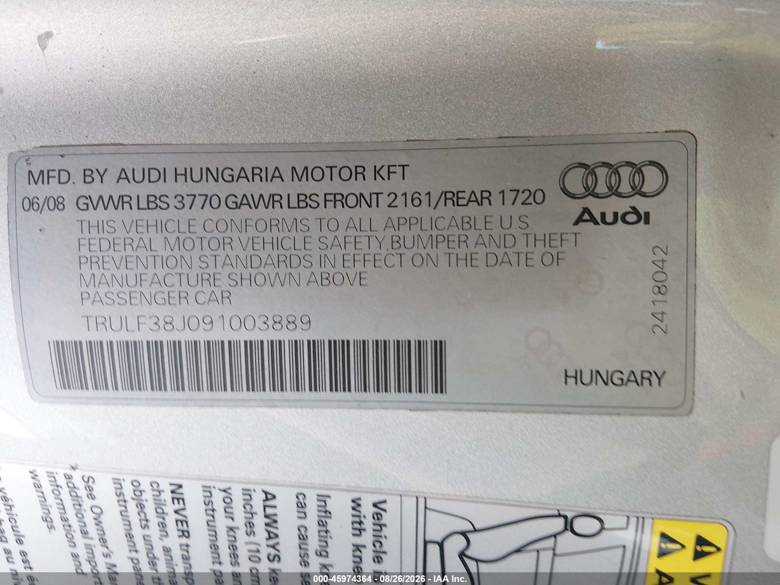 2009 Audi Tt 2.0t Silver vin: TRULF38J091003889