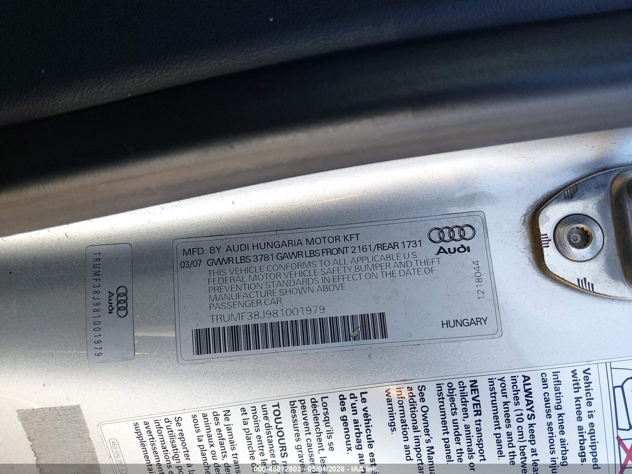 2008 Audi Tt 2.0t Silver vin: TRUMF38J981001979