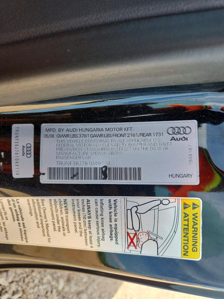 2008 Audi Tt 2.0t Premium Black vin: TRUNF38J781049114
